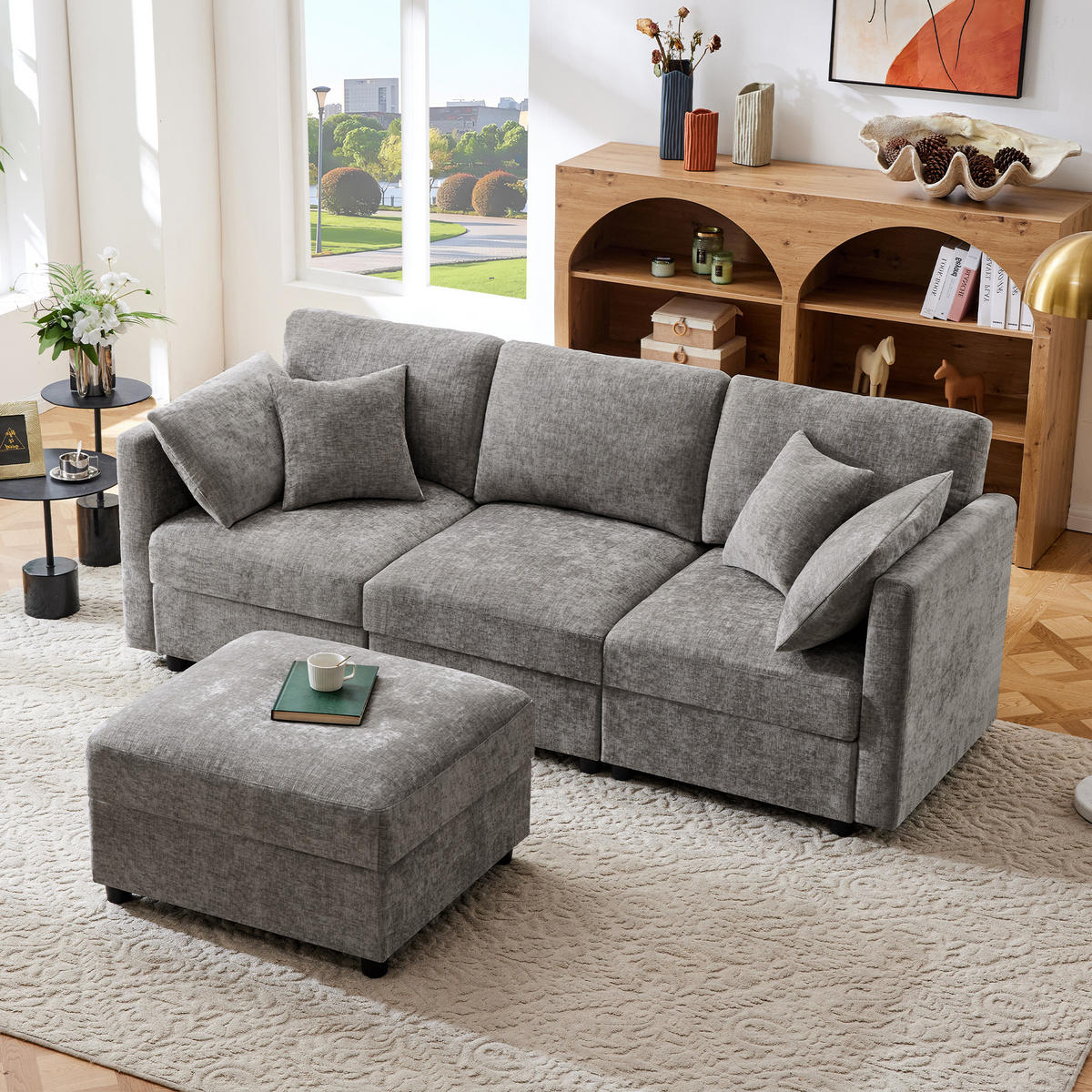 ECKSOFA 218/156.5/86 cm Grau mit Hocker und verstellbaren Armlehnen - Grau, Textil (218/156.5cm) - Oxeza