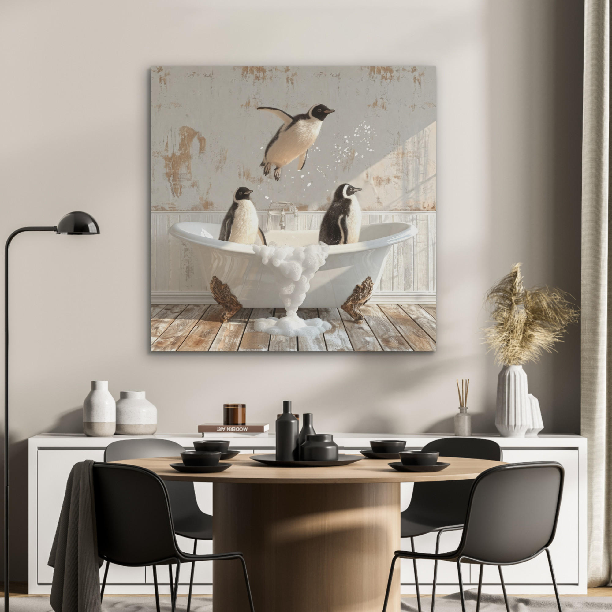 AKUSTIKPANEEL Vintage - Pinguin - Badewanne - Schaumstoff 90x90 cm - Schwarz, Textil (90/0.9/90cm) - MuchoWow