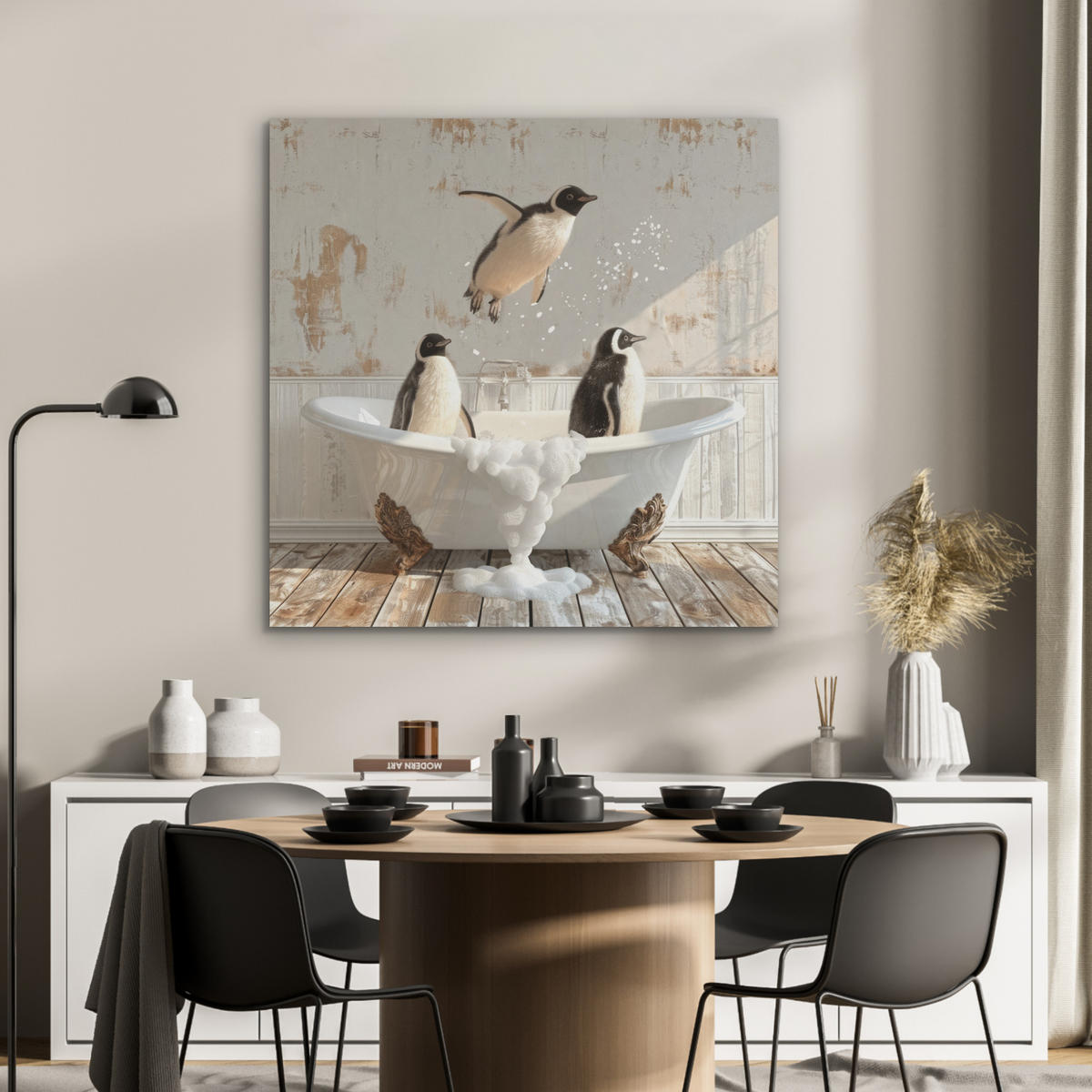 AKUSTIKPANEEL Vintage - Pinguin - Badewanne - Schaumstoff 90x90 cm - Schwarz, Textil (90/0.9/90cm) - MuchoWow