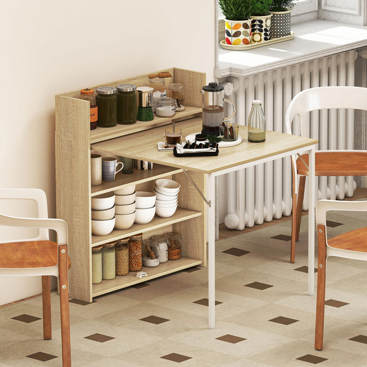 ESSTISCH Klappbar mit Regal, Platzsparend, 78,5 x 91 x 93 cm, Eiche - Eichefarben, Holzwerkstoff (91/78.5/93cm) - HOMCOM