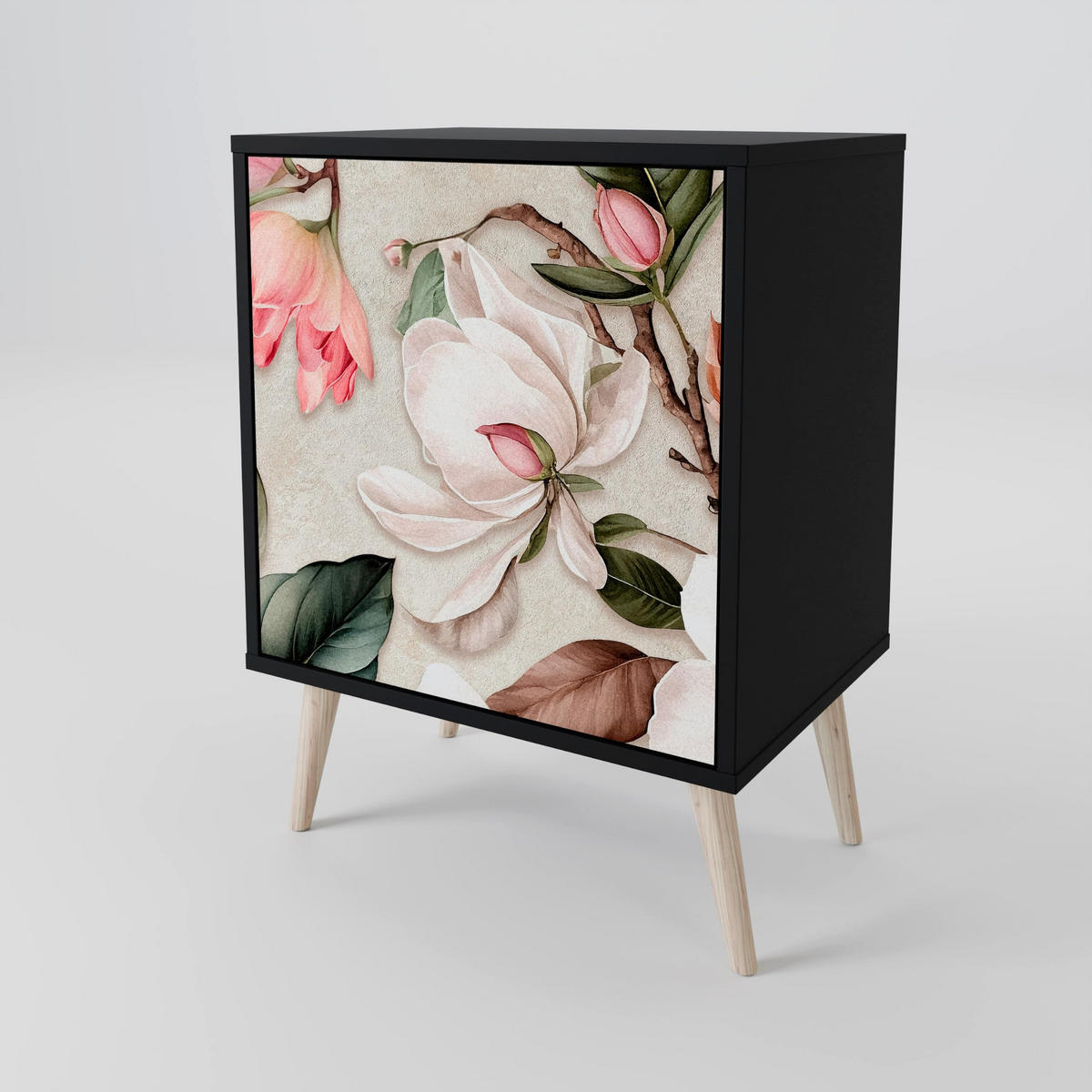 SIDEBOARD FLORAL GRACE, Schwarz, 57,5x42x67,5 cm, Schwarze Metall-Rahmenfüße - Multicolor/Schwarz, Holzwerkstoff/Metall (57.5/67.5/42cm) - SpaceRebels