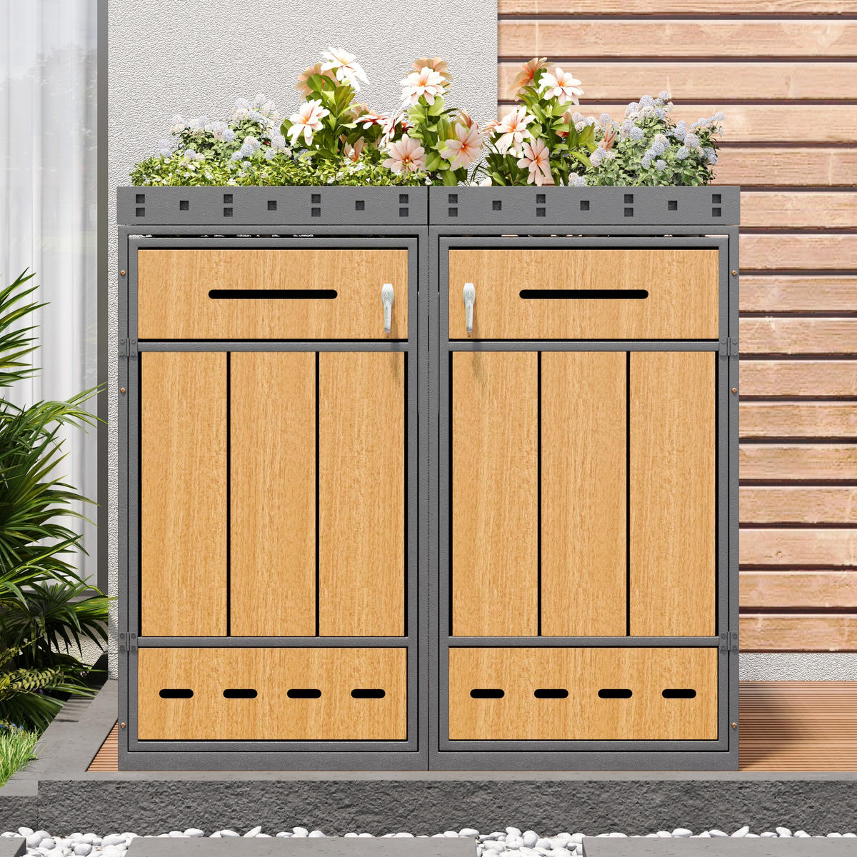 MÜLLTONNENBOX aus Stahl in Grau Holzoptik mit Pflanzdach & Abfalltrennung - Grau, Metall (132/124/80cm) - Modfu