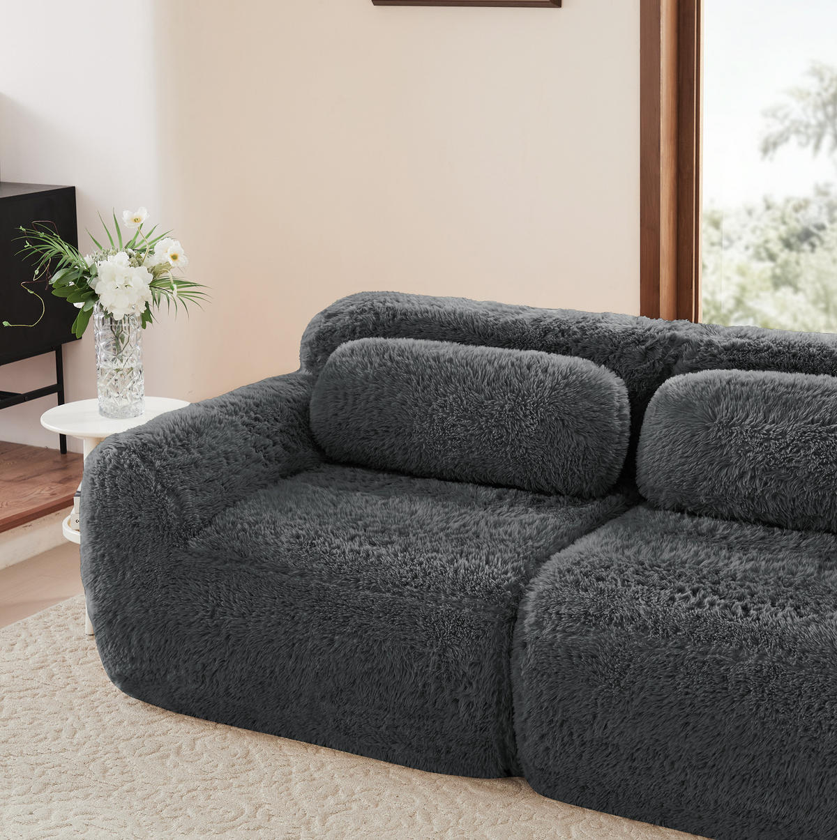 SOFA 291/104/73 cm in Grau aus Plüsch, modular und ohne Montage - Grau, Textil (104/73/291cm) - Flora Grace