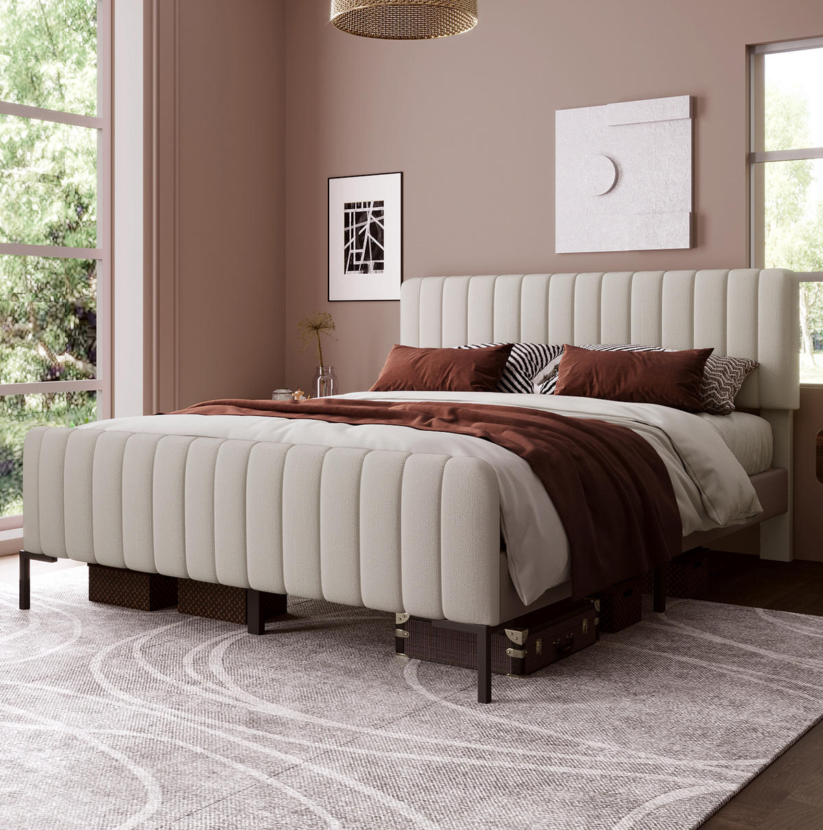 POLSTERBETT mit verstellbarem Kopfteil 160x200 cm Leinen Gray+Beige - Grau, Metall (160/200cm) - Meubliv