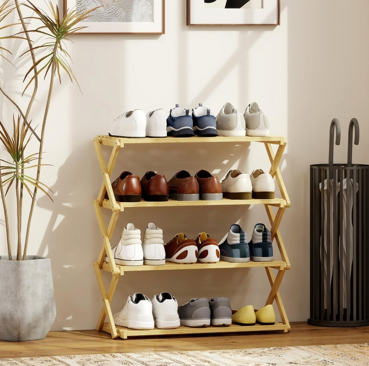 FALTBARES Schuhregal 4 Ebenen 60/29/67 cm aus Bambus in Natur - Naturfarben, Naturmaterialen (60/67/29cm) - BEAOK