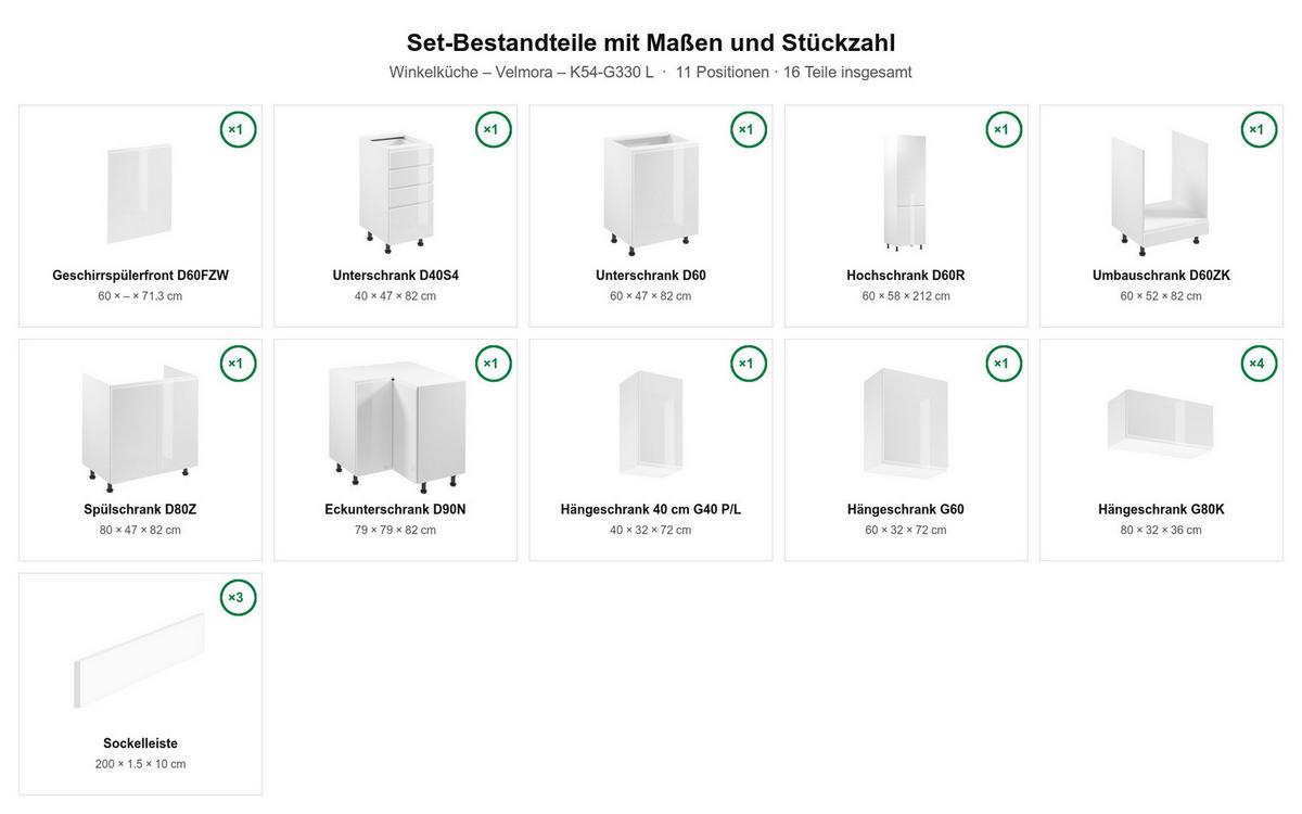 L-KÜCHE Velmora Weiß Hochglanz – 330 × 210 cm – K54-G330 L - Weiß, Holz (330/212/210cm) - ROYAL24_MARKT