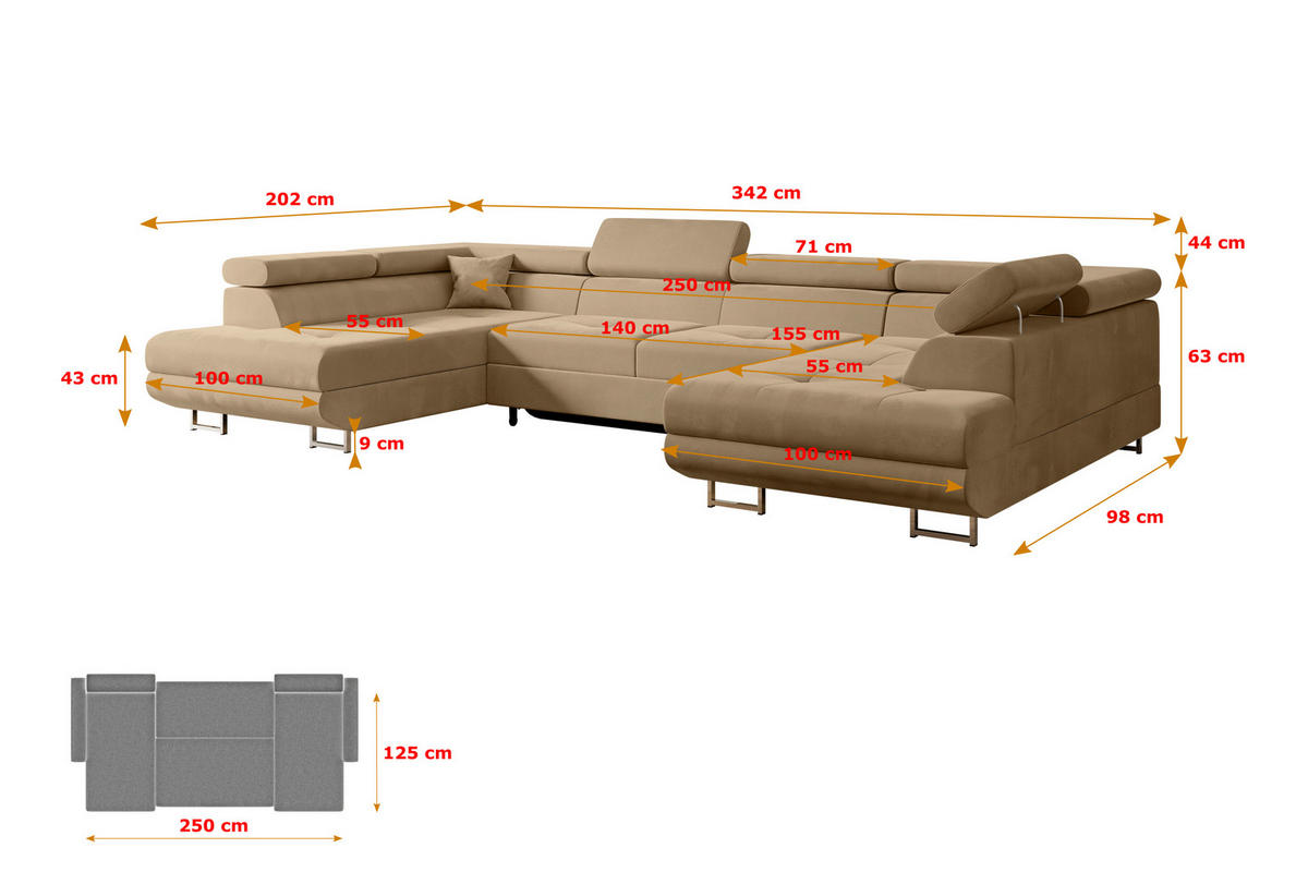 WOHNLANDSCHAFT mit Schlaffunktion und Bettkasten GUSA-U 342x202x107 cm Beige Velours - Beige/Silberfarben, Holzwerkstoff/Textil (342/107/202cm) - ALTDECOR