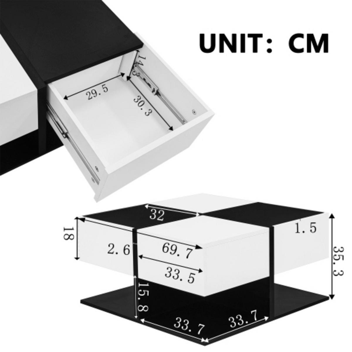 COUCHTISCH Schwarz-Weiß Hochglanz mit 2 Schubladen 70×70×35,5 cm aus Spanplatte - Schwarz, Holzwerkstoff (70/70/35.5cm) - Luhomfu
