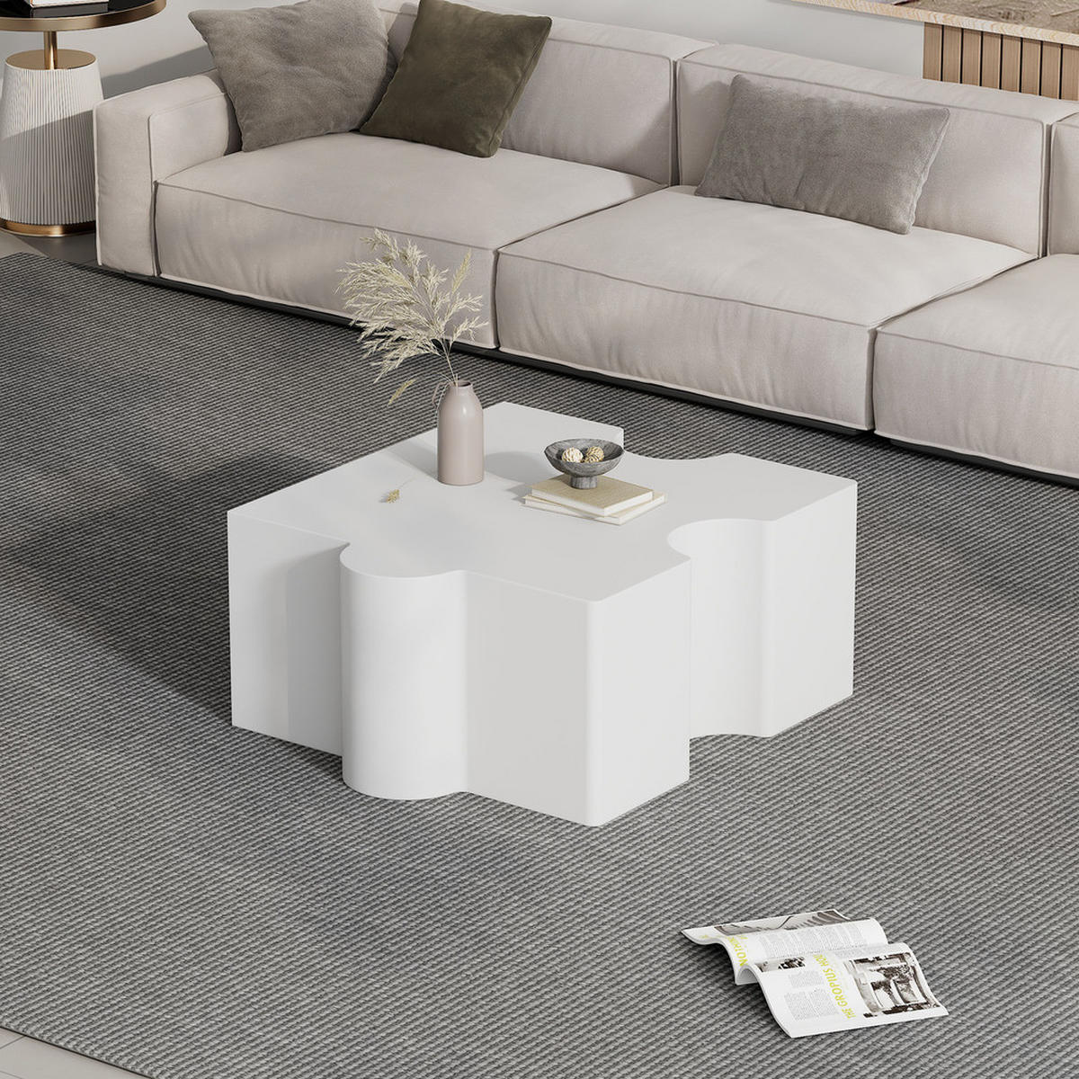 COUCHTISCH Puzzle Design 65x65cm kaltweiß MDF Polsterung Abstrakt Weiß - Weiß, Holz (73/73/40cm) - FLIEKS