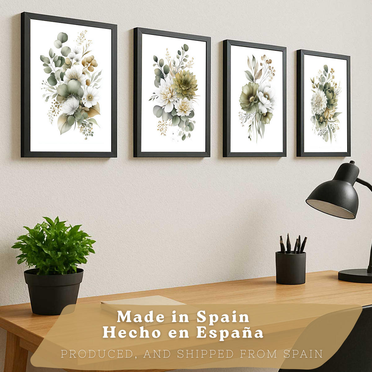 PLAKAT Sada 4 boho botanických uměleckých tisků. Akvarelové květinové nástěnné umění. Velikost Černý rám A3 - černá, papír (29.7/42/3cm) - Nacnic