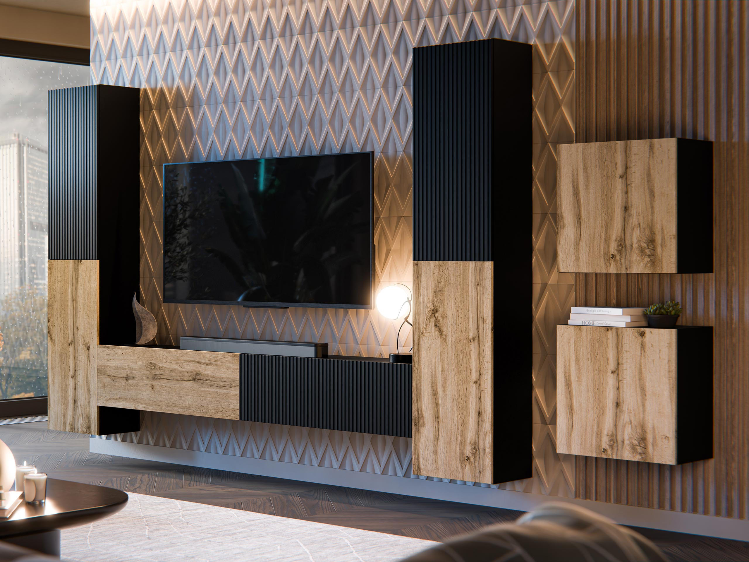 WOHNWAND Capital V - Eiche Wotan/Schwarz, Holzwerkstoff (200/31/30cm) - MIRJAN24