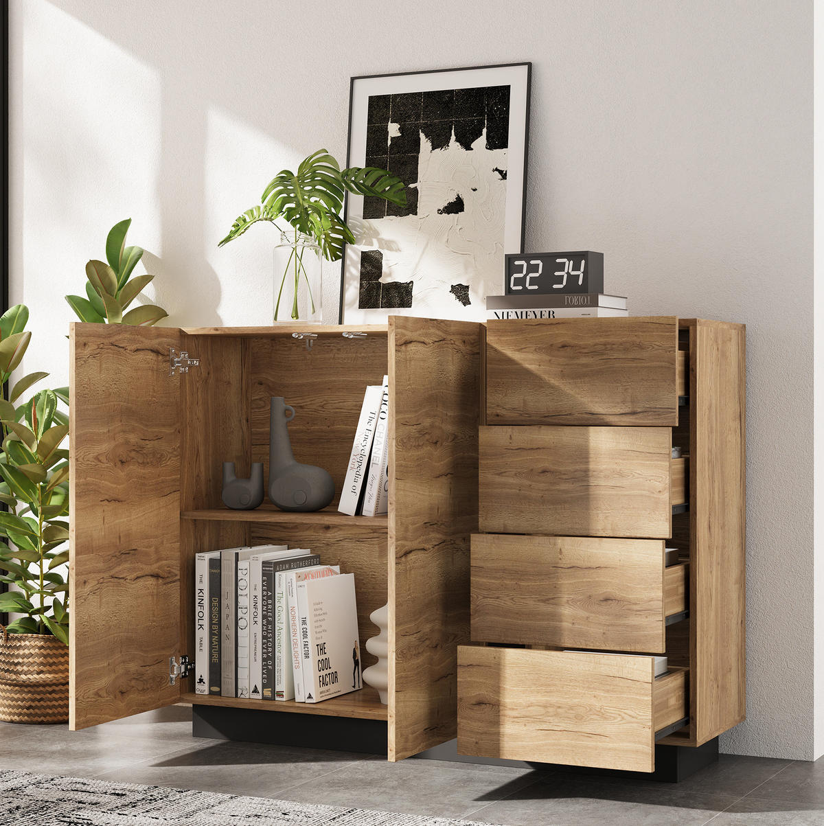 SIDEBOARD 120/35,5/90,5 cm aus Spanplatte mit 4 Schubladen und 2 Türen Schwarz/Natur - Naturfarben, Holzwerkstoff (120/90.5/35.5cm) - Modenvie