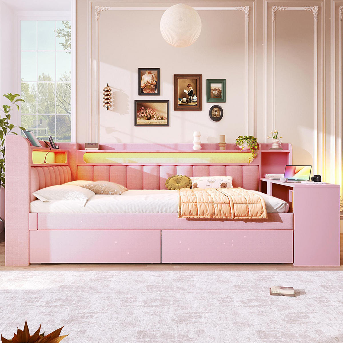 POLSTERBETT 140x200 cm mit Schreibtisch und 2 Schubladen, Rosa - Pink, Metall (140/200cm) - KOMHTOM