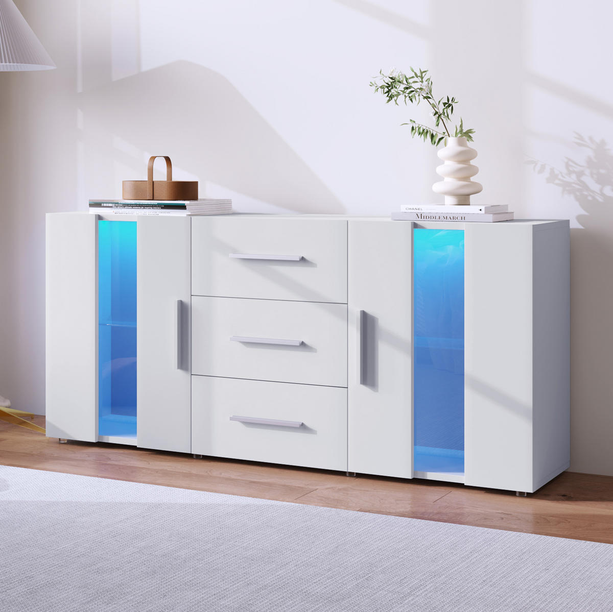SIDEBOARD 140/35/70 cm in Weiß mit LED-Beleuchtung und 3 Schubladen - Weiß, Holzwerkstoff (140/70/35cm) - Flora Grace