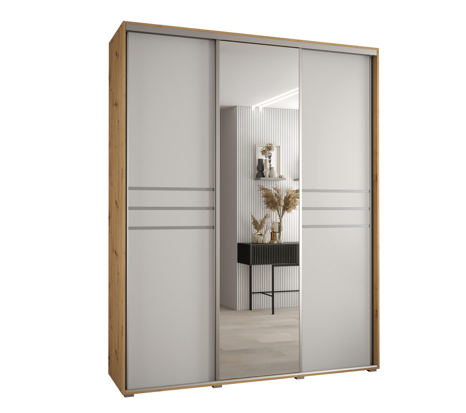 Abiks Möbel Schwebetürenschrank Eiche Artisan, Weiß, Silber 200x235x45 cm