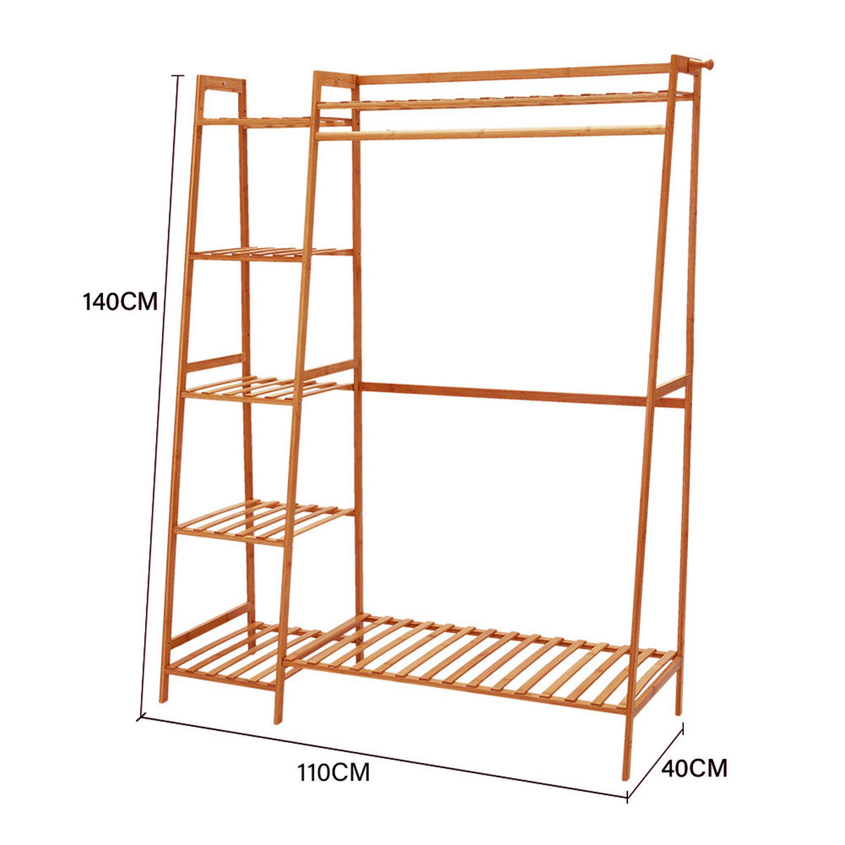 GARDEROBENSTÄNDER 110/40/140 cm 7-Ablagefächer Kleiderstange Haken Freistehend Bambus Braun - Braun, Holz (110/140/40cm) - Livingandhome