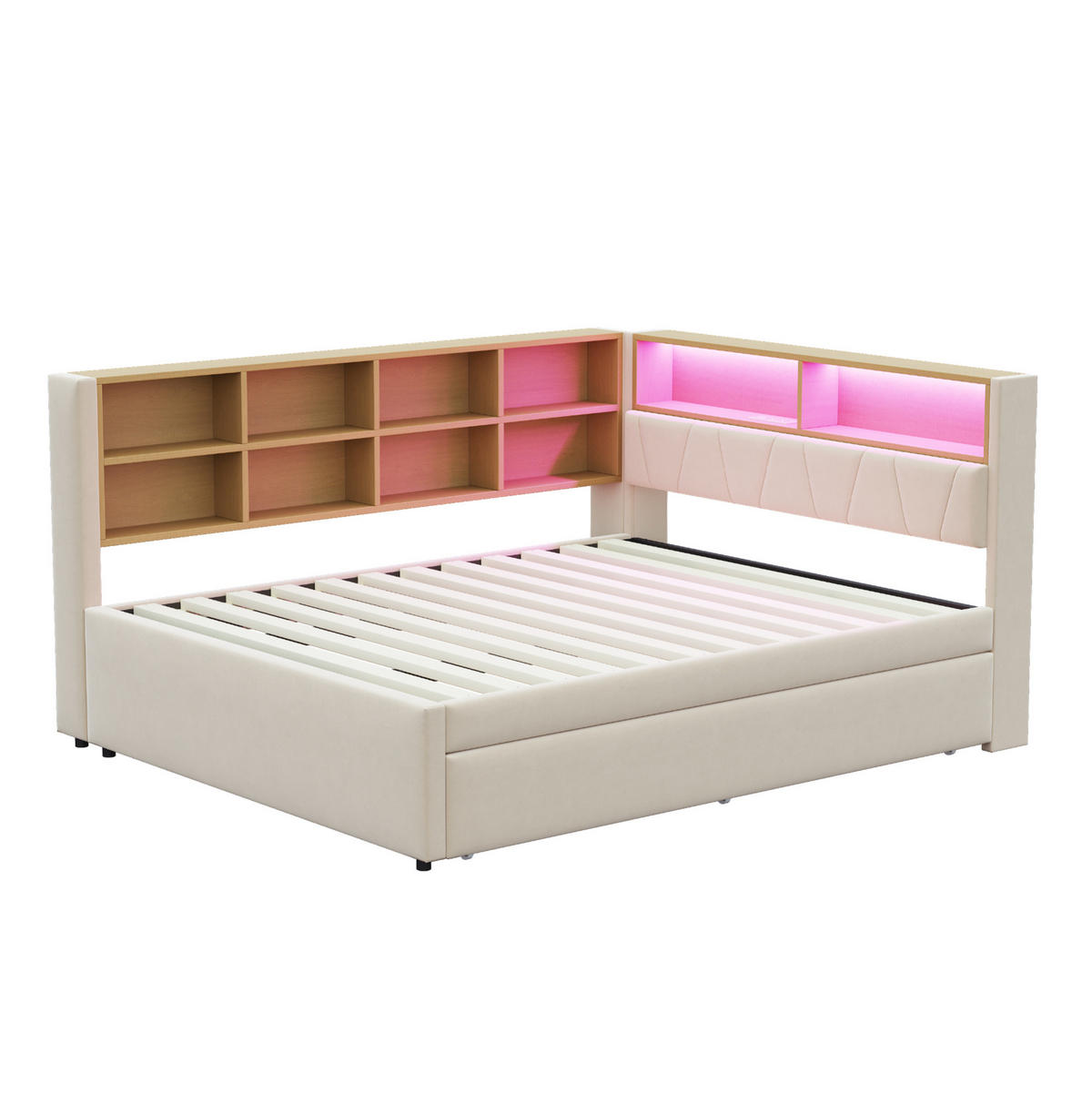 BETT 140/200 cm mit Ausziehbett 90/190 cm, LED, Stauraum und Ladeanschlüssen - Beige, Textil (140/200cm) - Flora Grace