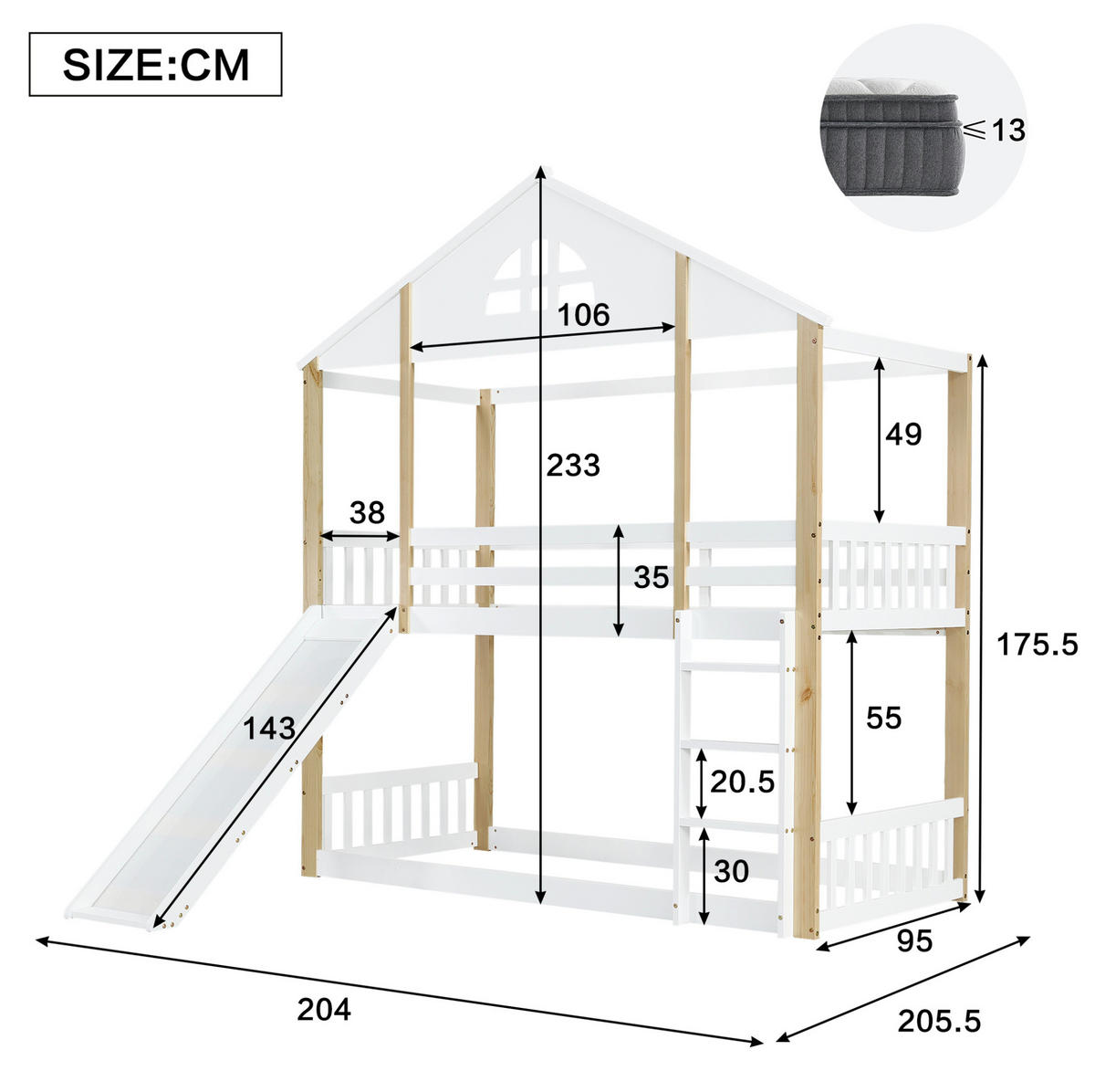 HAUSBETT 90/200 cm mit Rutsche und Hausdesign in Weiß/Natur - Weiß, Holz (90/200cm) - BEAOK