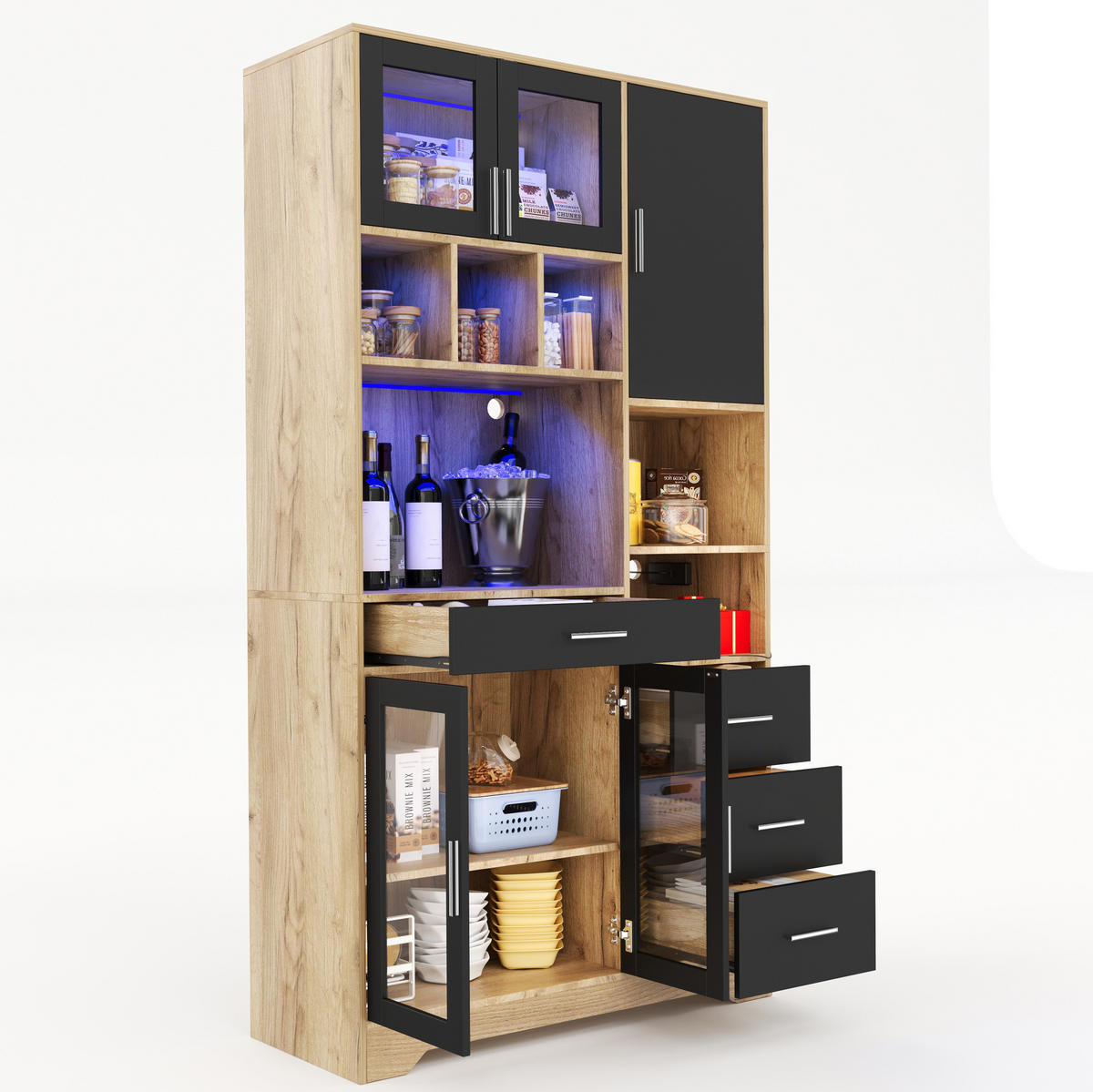 BUFFETSCHRANK 40/100/185 cm mit LED-Beleuchtung, Steckdose und verstellbaren Einlegeböden, Schwarz/Natur - Schwarz, Holzwerkstoff (100/185/40cm) - Redom