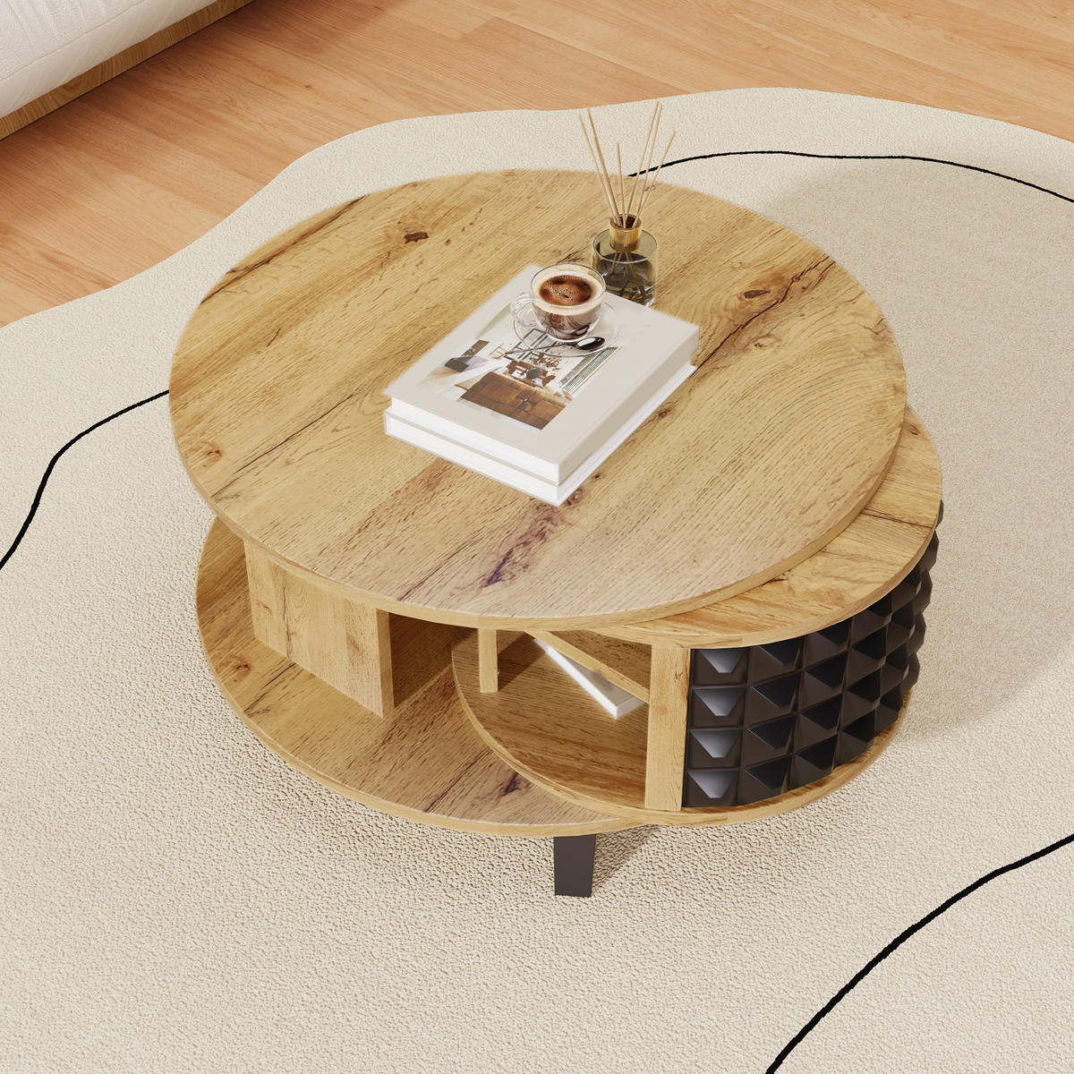 COUCHTISCH mit Drehtisch und versteckter interner Ablage mit doppelstöckiger Tischplatte - Schwarz/Naturfarben, Holzwerkstoff (85.2/80/45.2cm) - EVRYAE