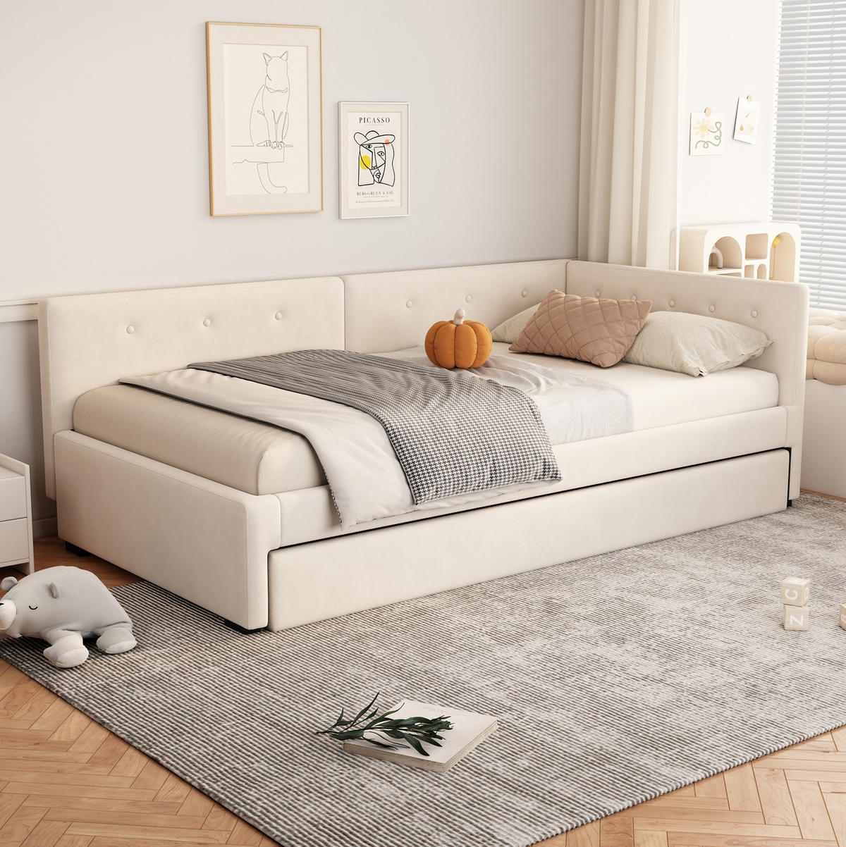 DENNÁ posteľ 90/200 cm béžová s výsuvným lôžkom zo zamatu a MDF - béžová, textil (90/200cm) - OKWISH