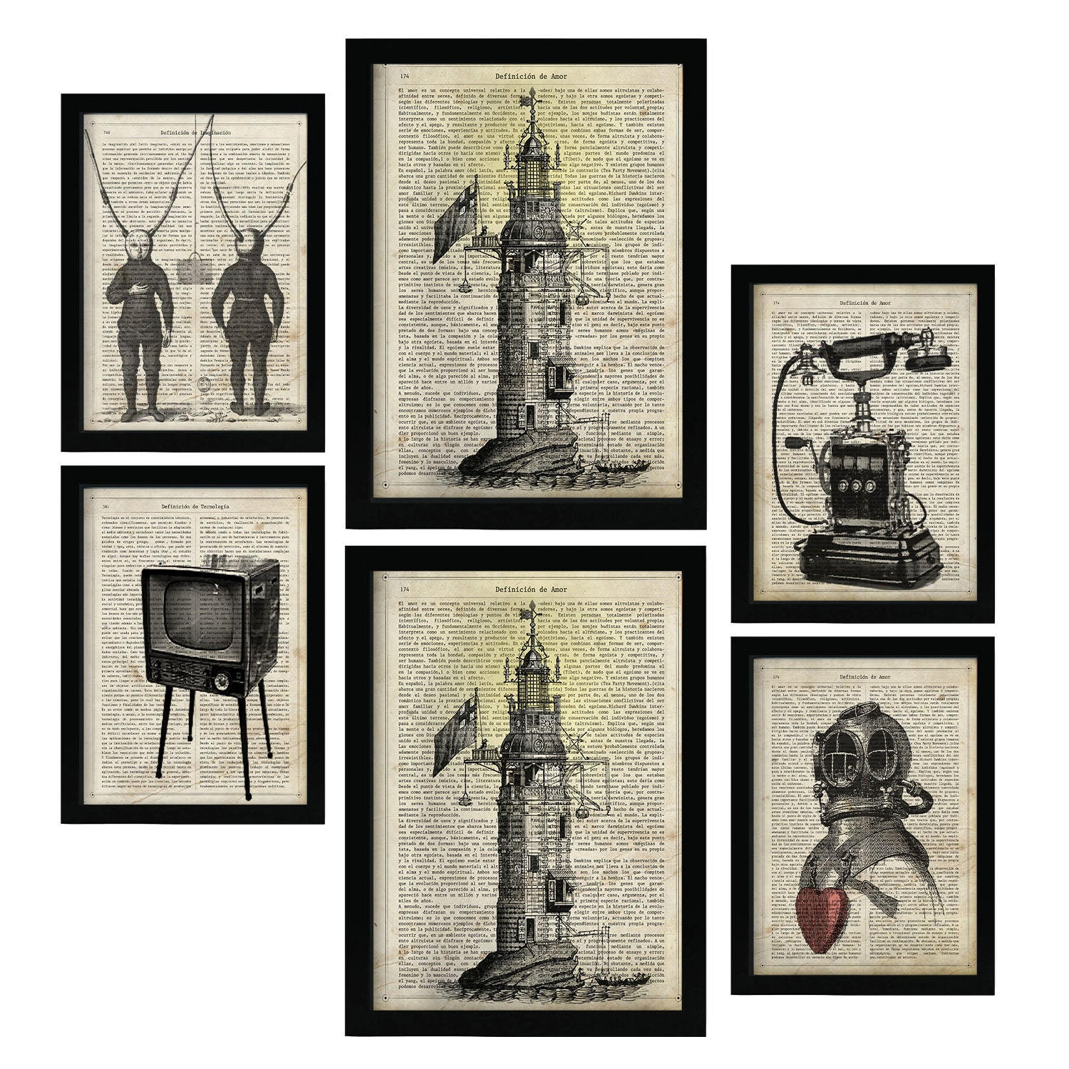 POSTER Set Mit 6 Jahrgang Vintage Papier Plakate Mit Enzyklopädie Revolutionäre Erfindungen Aus Dem Letzten Jahrhundert A3 & A4 Schwarzer Rahmen - Schwarz, Papier (29/3cm) - Nacnic