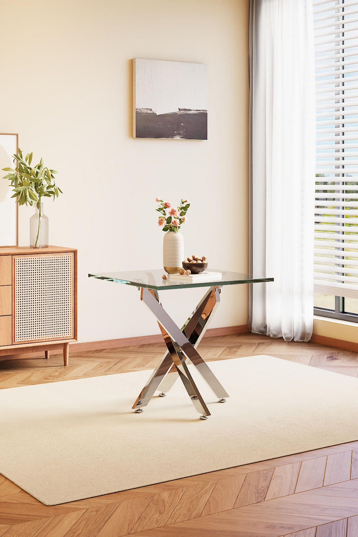 BEISTELLTISCH aus Glas mit Metalbeine Quadratisch 55 x 55 x 55 cm - Transparent, Glas (55/55/55cm) - Livingandhome