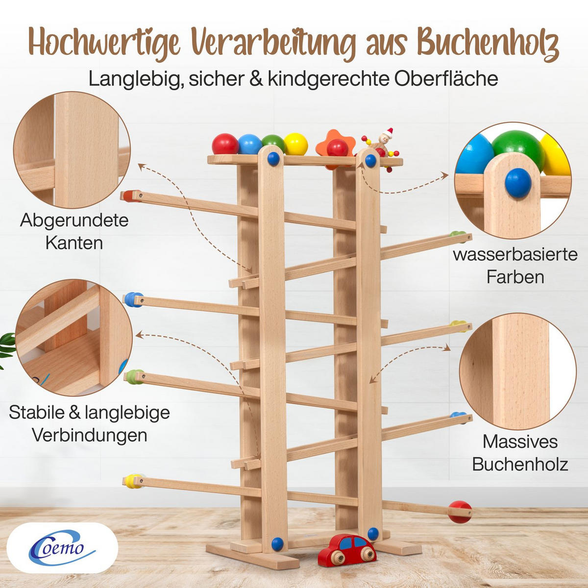 KUGELBAHN XL Holz Natur mit 7 Roll Elementen - Naturfarben, Holz (26/70cm) - Coemo