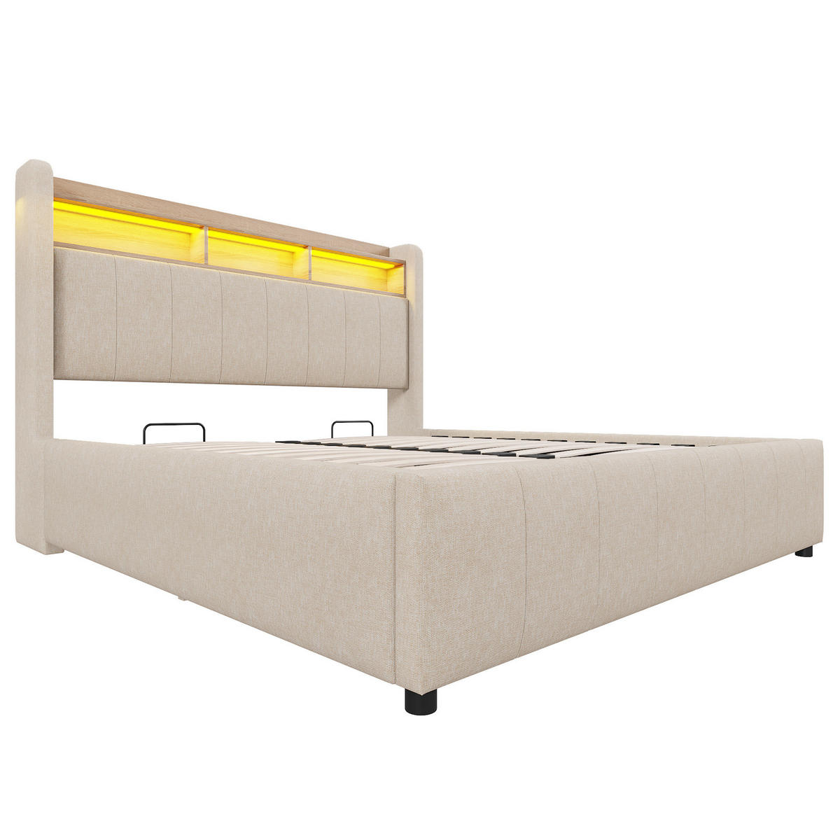 POLSTERBETT 140/200 cm Beige aus Leinenstoff mit LED und Stauraum - Beige, Textil (140/200cm) - OKMYHOME