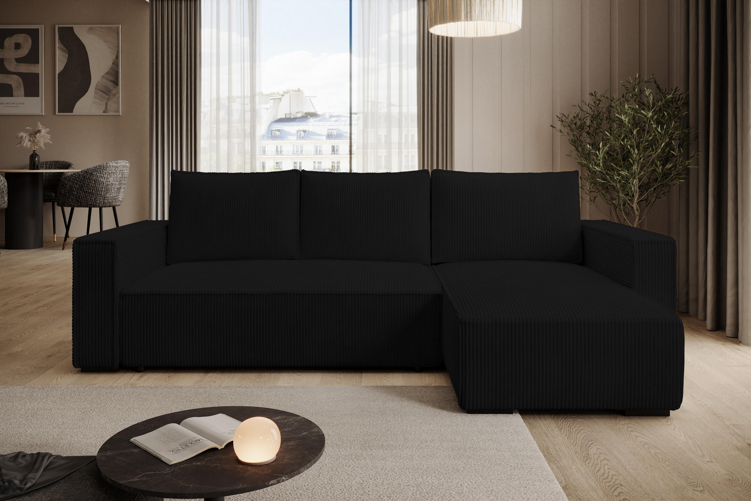 ECKSOFA CUDDY L, Eckcouch in L-Form mit Schlaffunktion und Bettkasten, Farbe: Schwarz, Cordstoff, Ottomane Rechts - Schwarz, Textil (240/140cm) - Storez24
