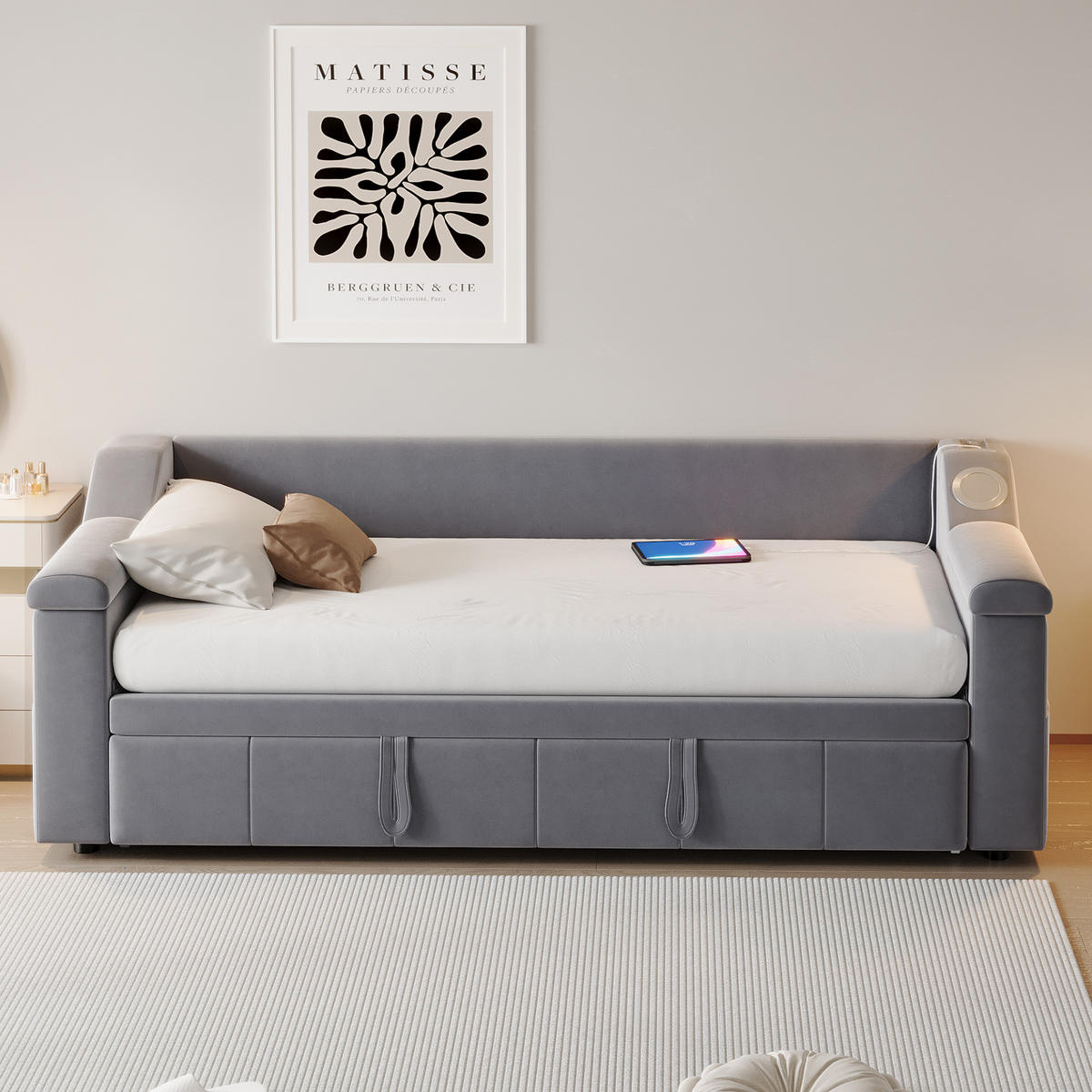 POLSTERBETT 90/180X190 cm Mit USB-Ladeanschluss in Samtstoff，Grau - Grau, Textil (90/190cm) - KOMHTOM