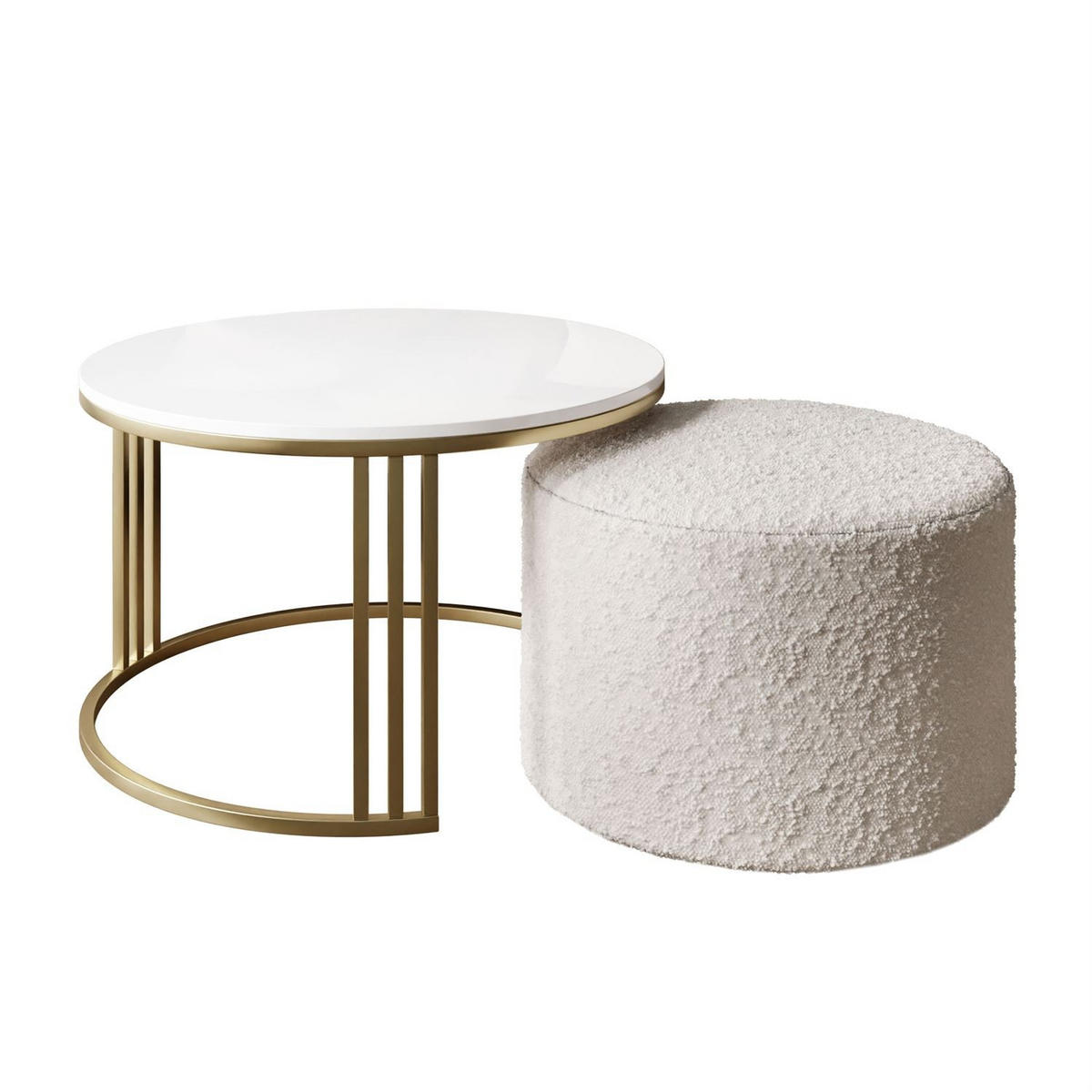 COUCHTISCH mit Hocker LORI Hochglanz gebürstetes Gold/weißer Glanz/Coral 65 - Weiß, Metall (70/70/49cm) - Lookway