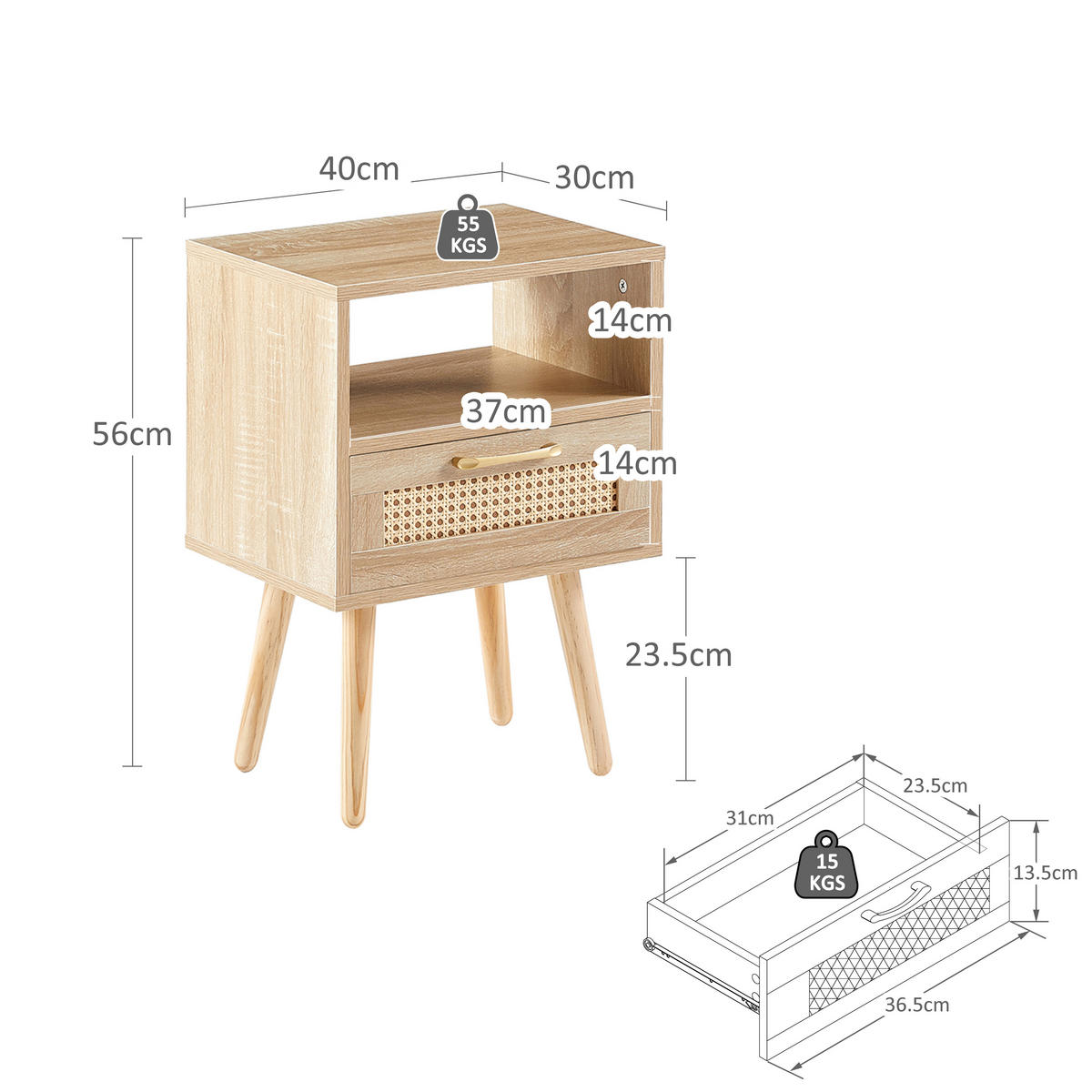 NACHTTISCH 30/40/55 cm natur aus MDF mit Rattanfront und Schublade - Hellbraun, Holzwerkstoff (30/55/40cm) - OKWISH