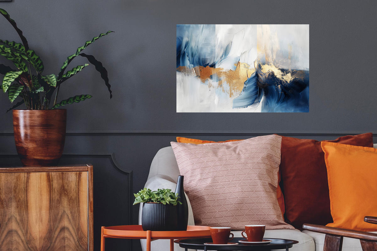 WANDTATTOO Gold - Blau - Aquarell - Kunst - Modern 60x40 cm - Hellblau, Kunststoff (60/40/0.1cm) - MuchoWow