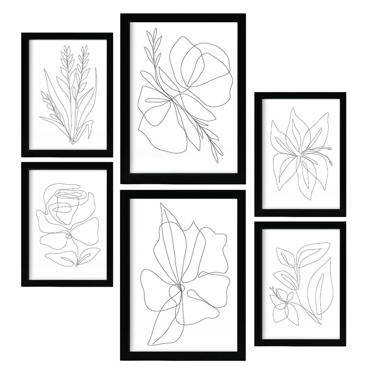 POSTER Set Mit 6 Blumenrahmen 1 Abstrakt Größe A3 & A4 Schwarzer Rahmen - Schwarz, Papier (29.7/1cm) - Nacnic