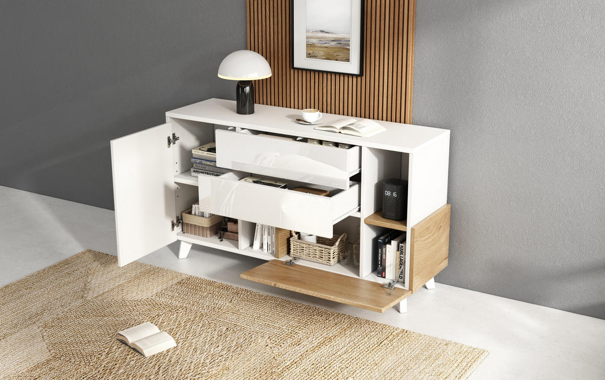 SIDEBOARD 130/40/70 cm mit 2 Türen, 2 Schubladen & offenem Fach in Weiß/Eiche - Weiß, Holzwerkstoff (130/70/40cm) - BEAOK