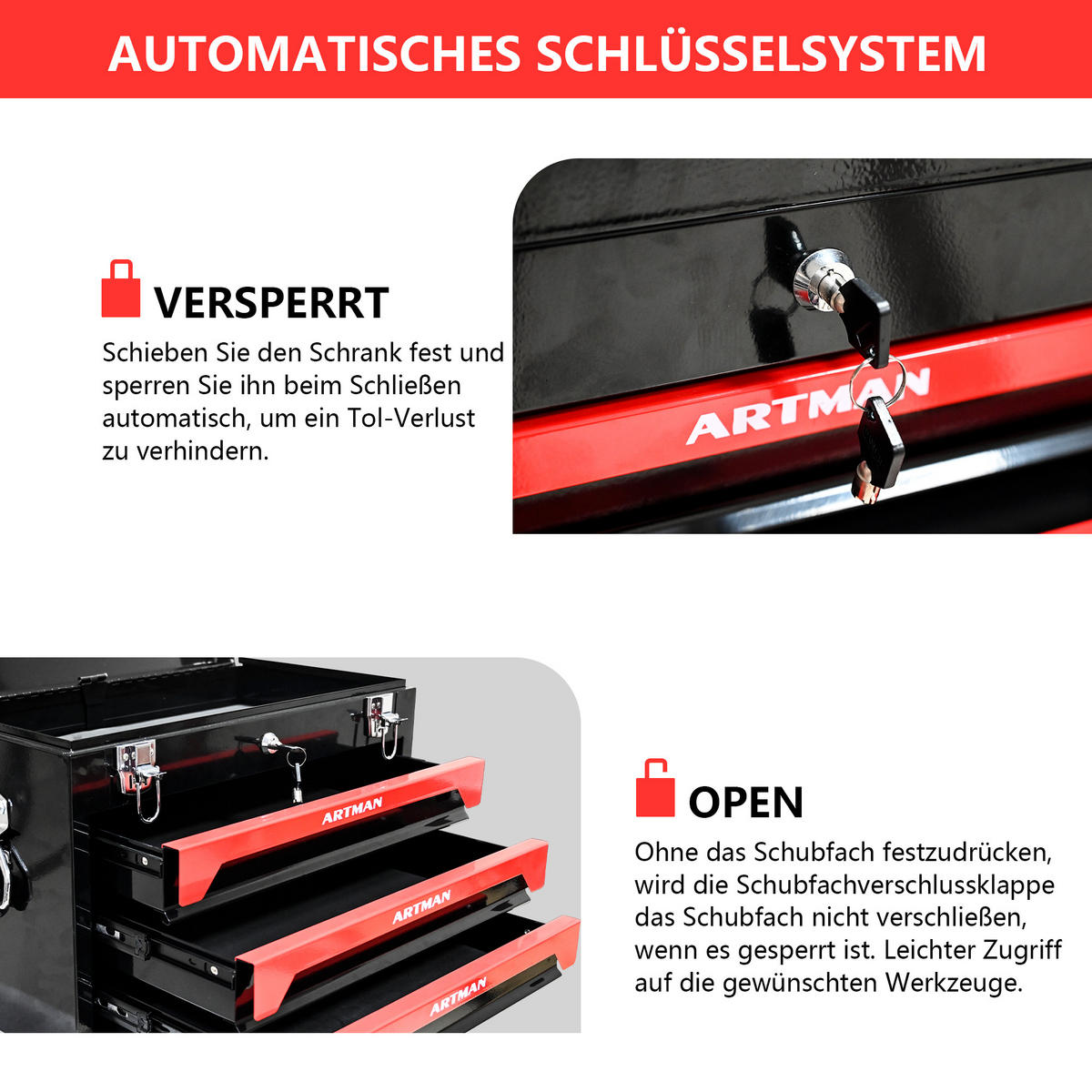 WERKZEUGKISTE TRANSPORTABEL 20 Zoll mit 3 Schubladen, Stahl, Schwarz-Rot - Schwarz, Metall (27/35/50cm) - Novahome
