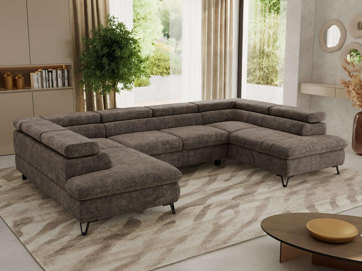 WOHNLANDSCHAFT PABLO U Schenille grob gewebt Braun mit Topper T25 - Schwarz/Braun, Textil/Metall (346/76/208cm) - MKS