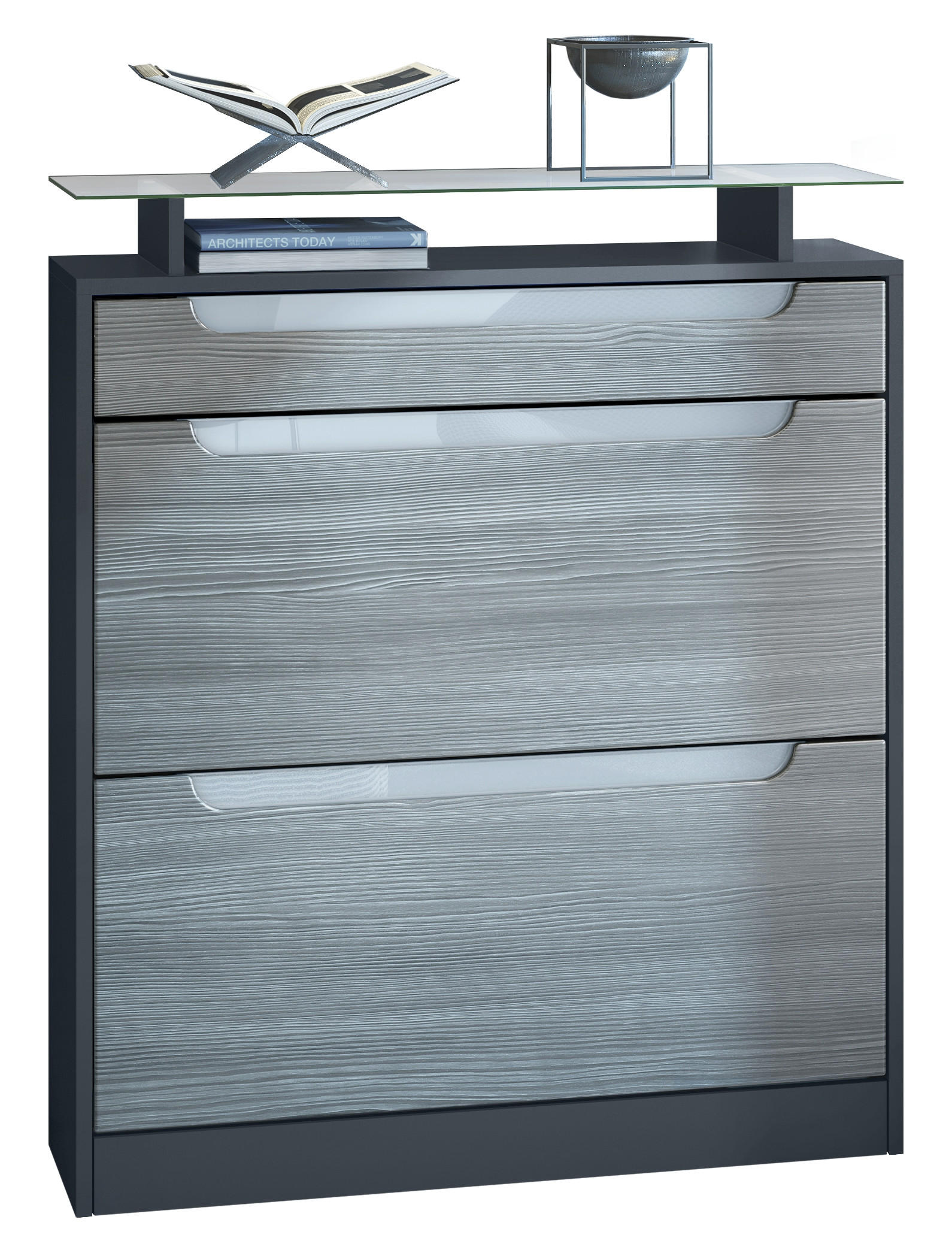 SCHUHSCHRANK Fiesta Fronten in Avola Anthrazit, Griffmulden in Weiß Hochglanz - Anthrazit, Holzwerkstoff (89/104/23cm) - Vladon