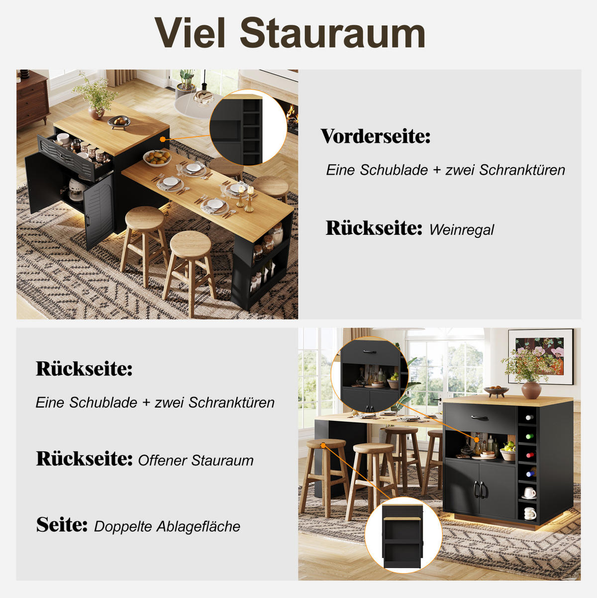KÜCHENINSEL aus MDF 80x70x95,5 cm Schwarz mit Ausziehtisch, Weinregal und großem Stauraum - Schwarz, Holzwerkstoff (80/95.5/70cm) - Modfu