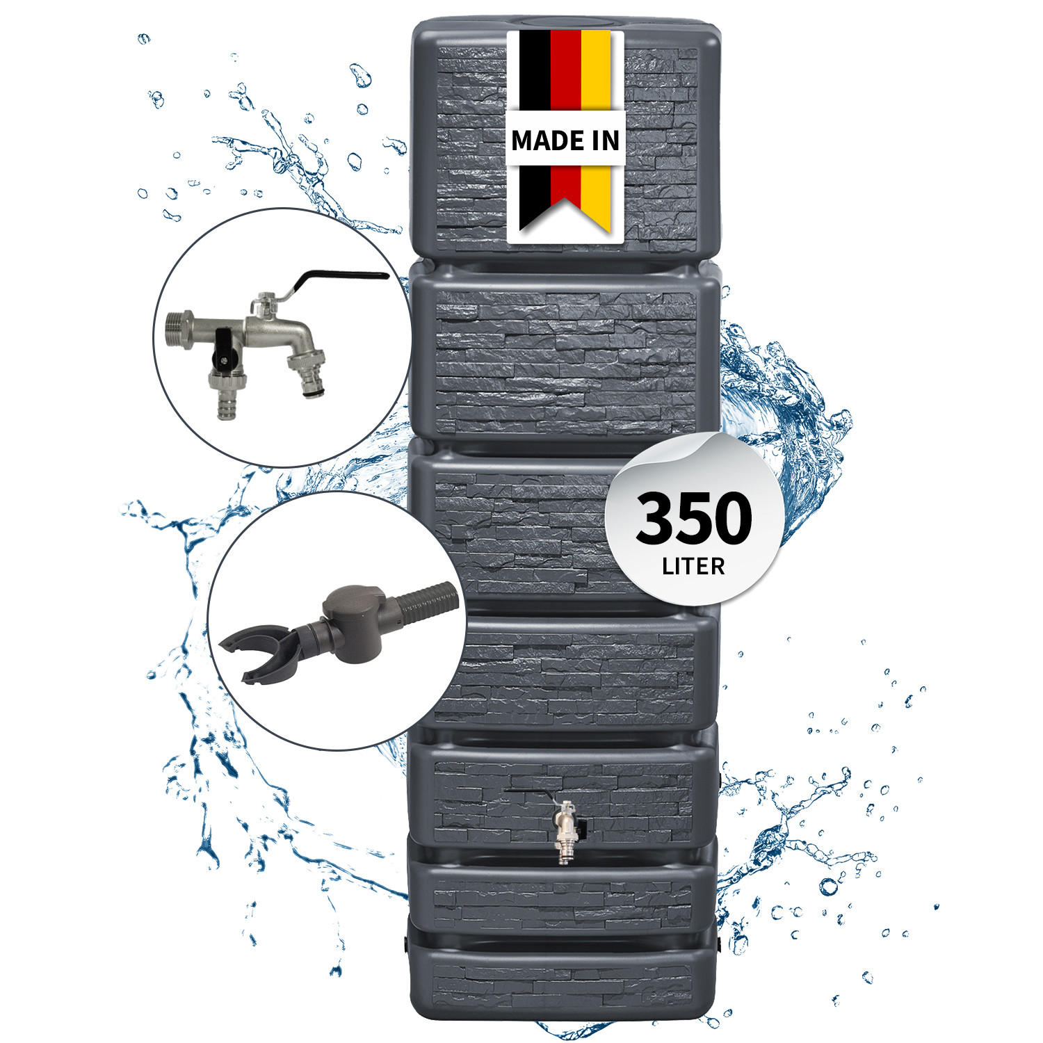 REGENTONNE Wandtank Komplett-Set 350 L, graphite grey inkl. Chrom-Doppelauslaufhahn und Fallrohranschluss - Grau, Kunststoff (39/184/60cm) - 4rain