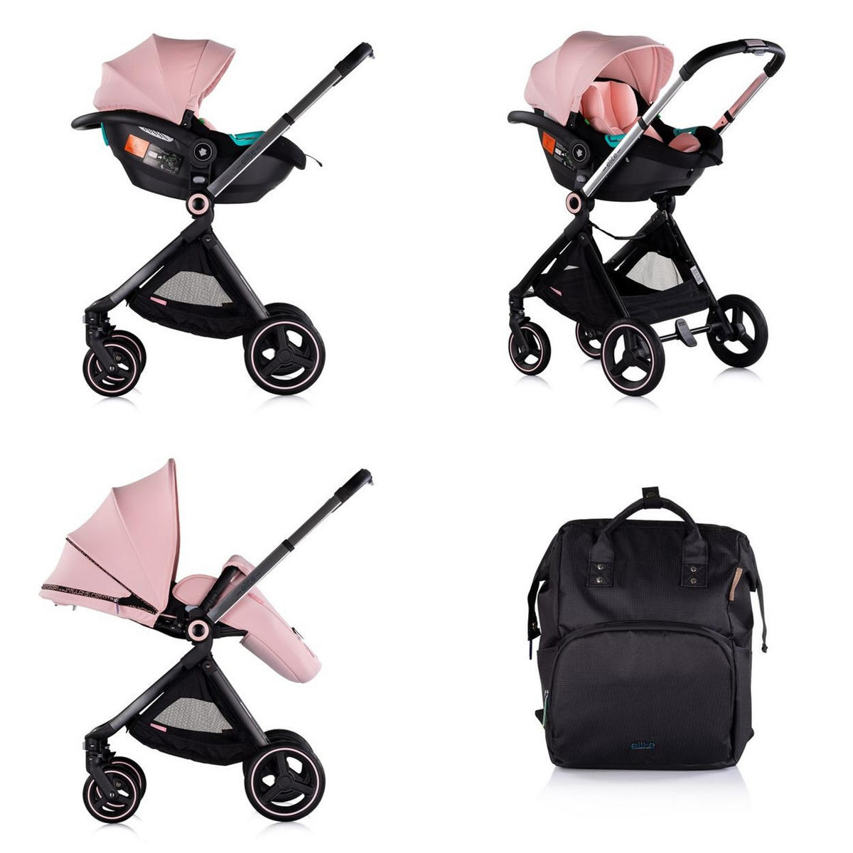 KINDERWAGEN Elite 3 in 1 pink i-Size Babyschale Sportsitz Babywanne Tasche - Pink/Rosa, Metall (75/58/111cm) - Chipolino