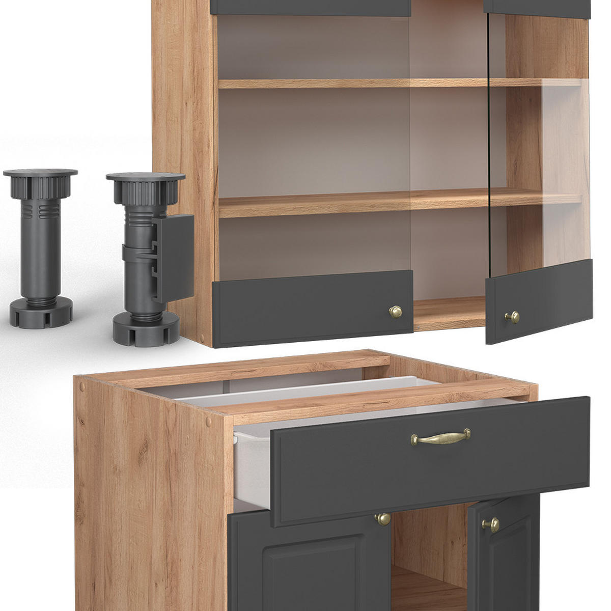 SINGLEKÜCHE Fame-Line Anthrazit Landhaus/Goldkraft Eiche 140 cm ohne AP - Dunkelgrau/Eiche Wotan, Holzwerkstoff (140/81.6/46cm) - Vicco