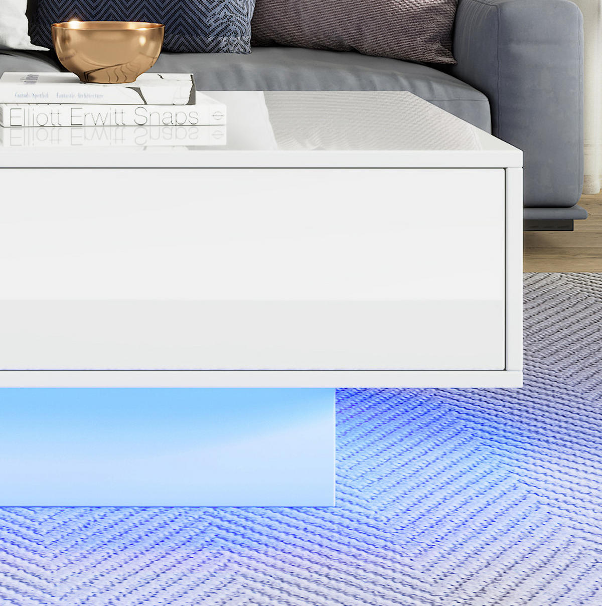 COUCHTISCH mit 2 Schubladen 115 x 55 x 34 cm Hochglanz Weiß mit LED - Weiß, Holzwerkstoff (115/55/34cm) - Meubliv