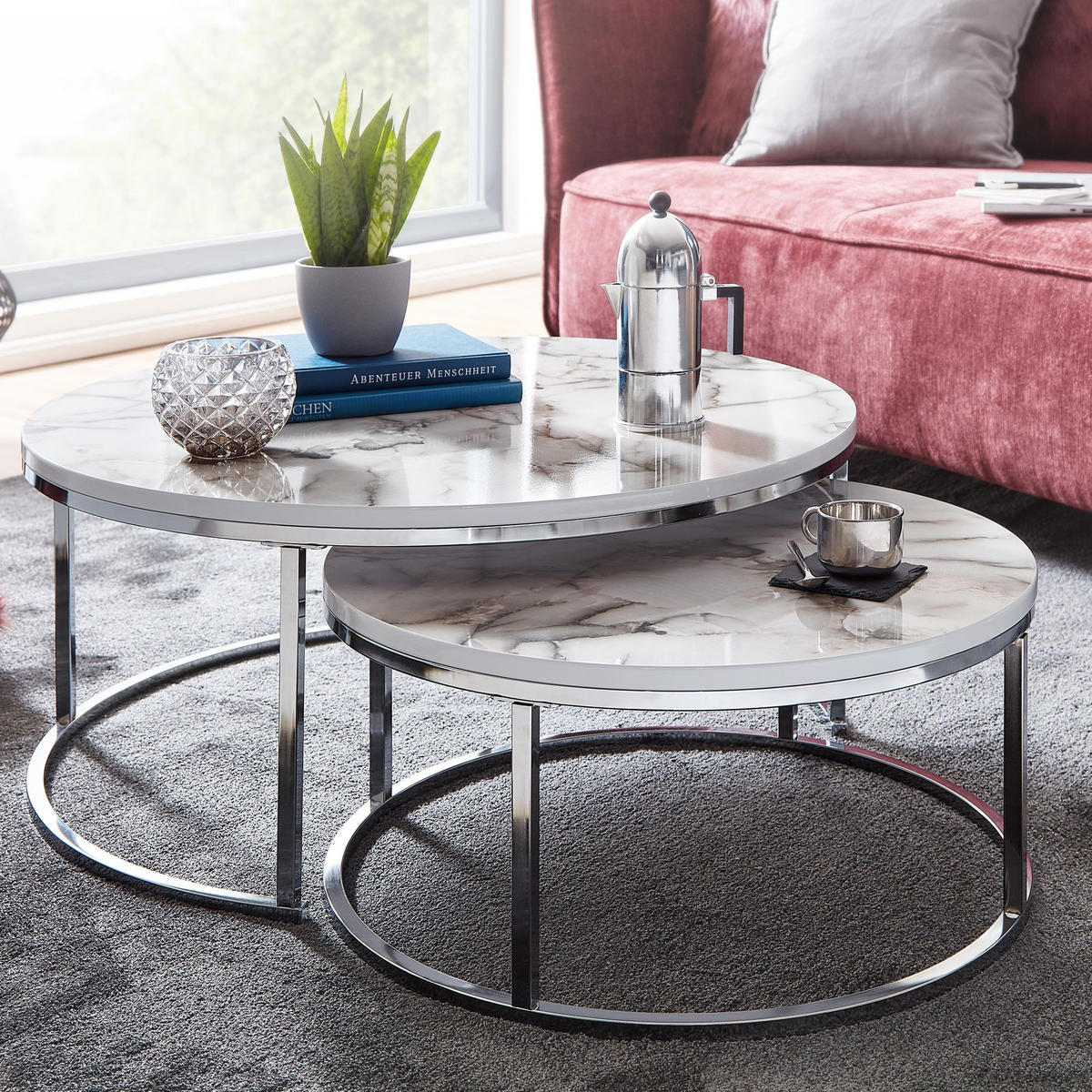 COUCHTISCH 2er Set Marmoroptik Metall Eichenholz Ineinanderschiebbar, Silber 80x80x36 cm - Silberfarben, Holz/Metall (80/80/36cm) - KADIMA DESIGN