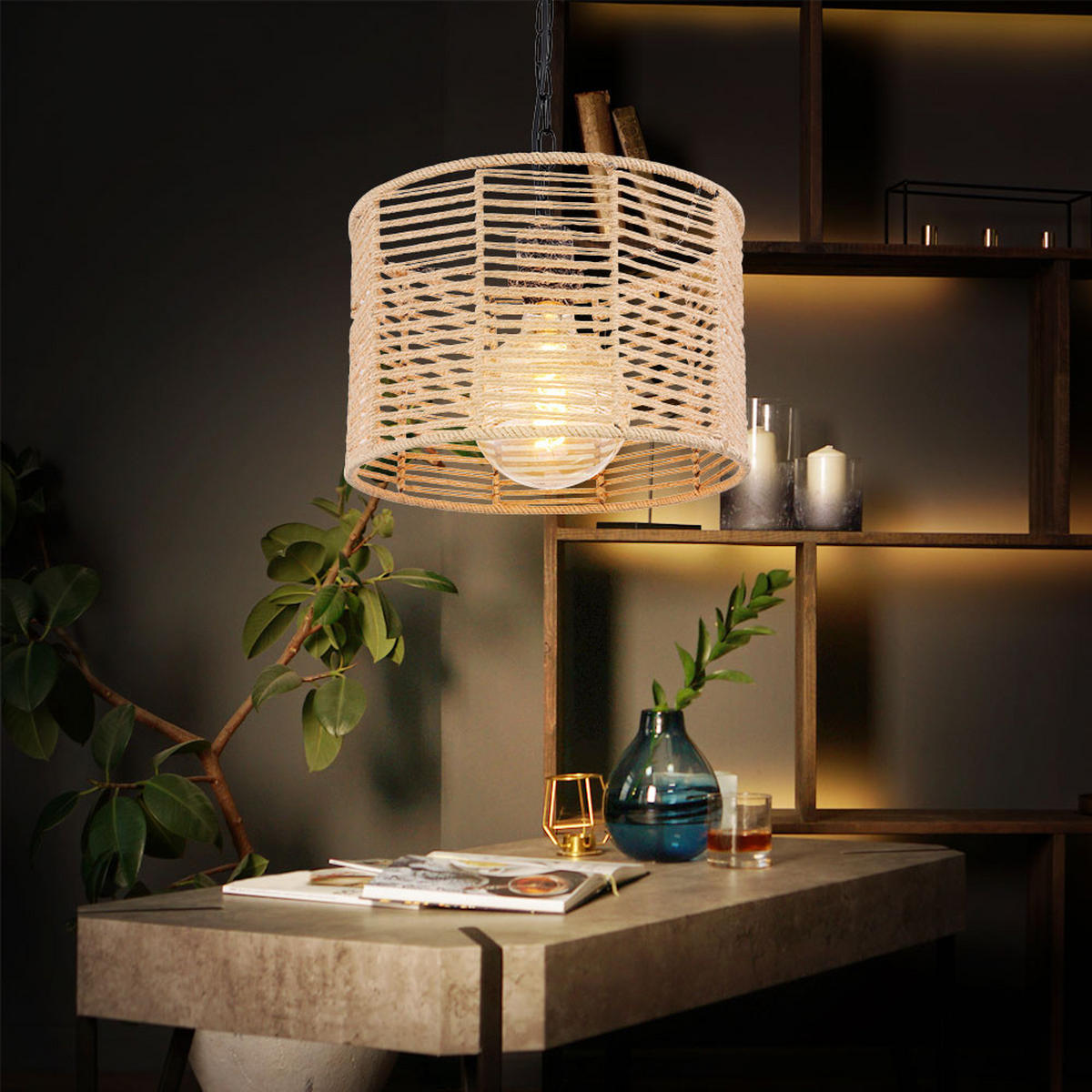 HÄNGELEUCHTE Gitterstabe Schwarz Natur Braun - Schwarz, Metall (31/31/120cm) - Globo Lighting