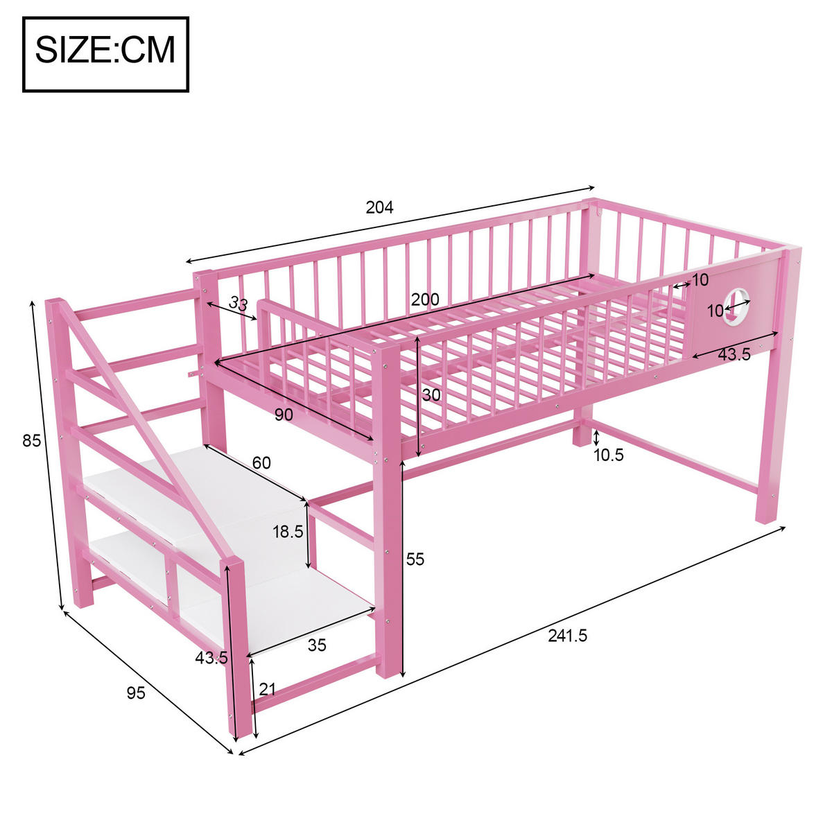 KINDERHBETT 90/200 cm mit Stauraumleiter und Metallgestell, Rosa - Rosa, Metall (90/200cm) - Redom