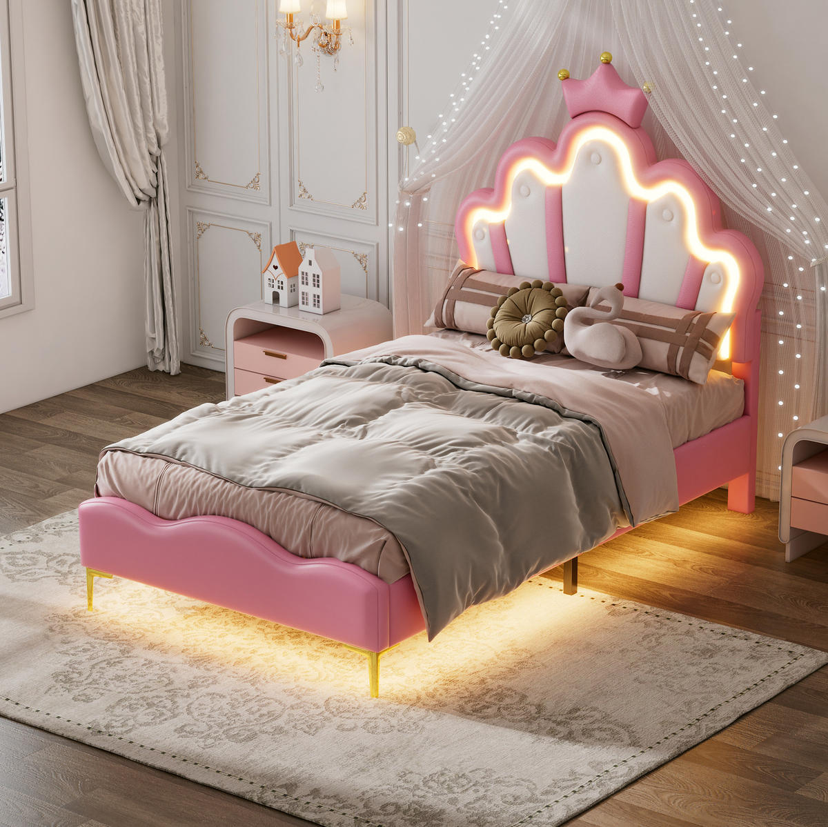 KINDERBETT 90/200 cm in Rosa mit LED-Beleuchtung und gepolstertem Kopfteil - Rosa, Kunststoff (90/200cm) - BEAOK