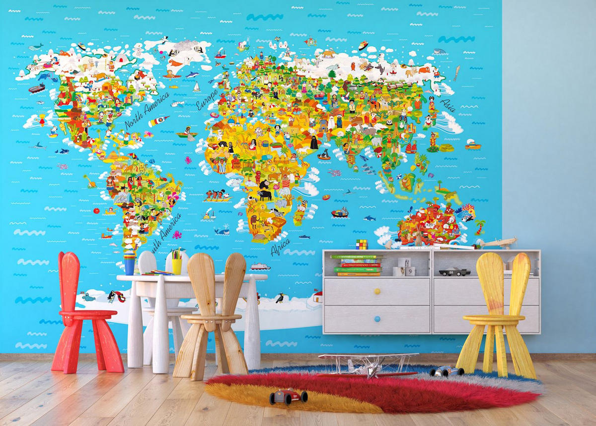 FOTOTAPETE Weltkarte für Kinder 360 x 254 cm - Blau, Papier (360/254cm) - Sanders & Sanders