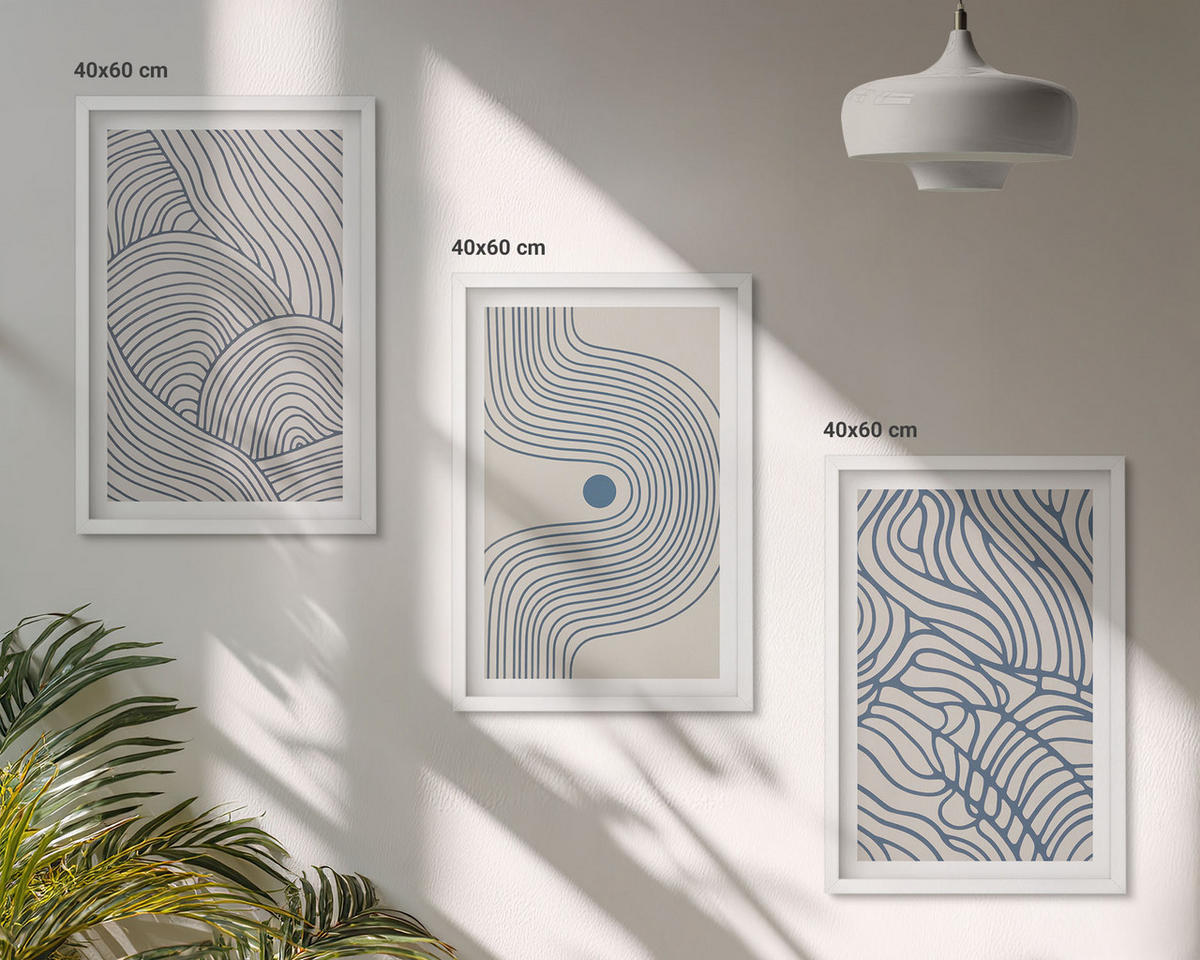 BILDER SET 3er Set - 40x60 cm Weißer Rahmen - Abstrakte Linien, Wellenformen - Weiß, Kunststoff (40/60cm) - TULUP